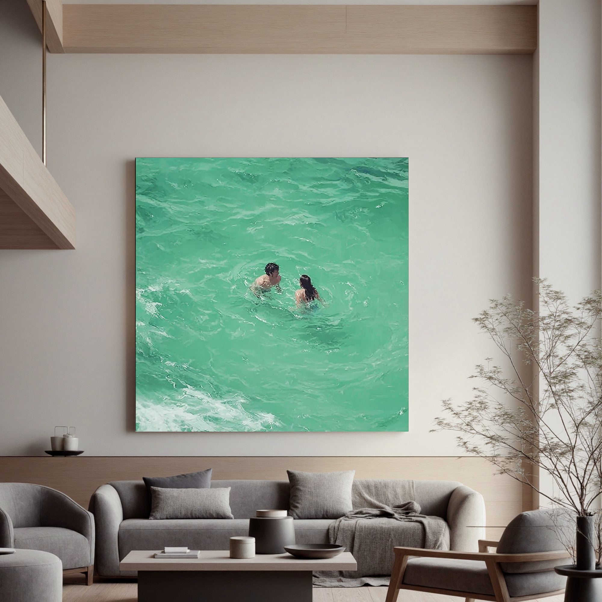 Romantic Couple Swimming in Turquoise Ocean Oil Painting | Coastal Wall Art for Modern Living Room #OA 0426
