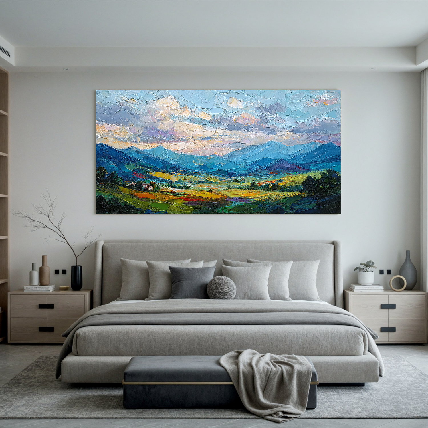 Large Colorful Mountain Landscape Oil Painting – Textured Panorama Canvas Wall Art for Living Room#OA 0888