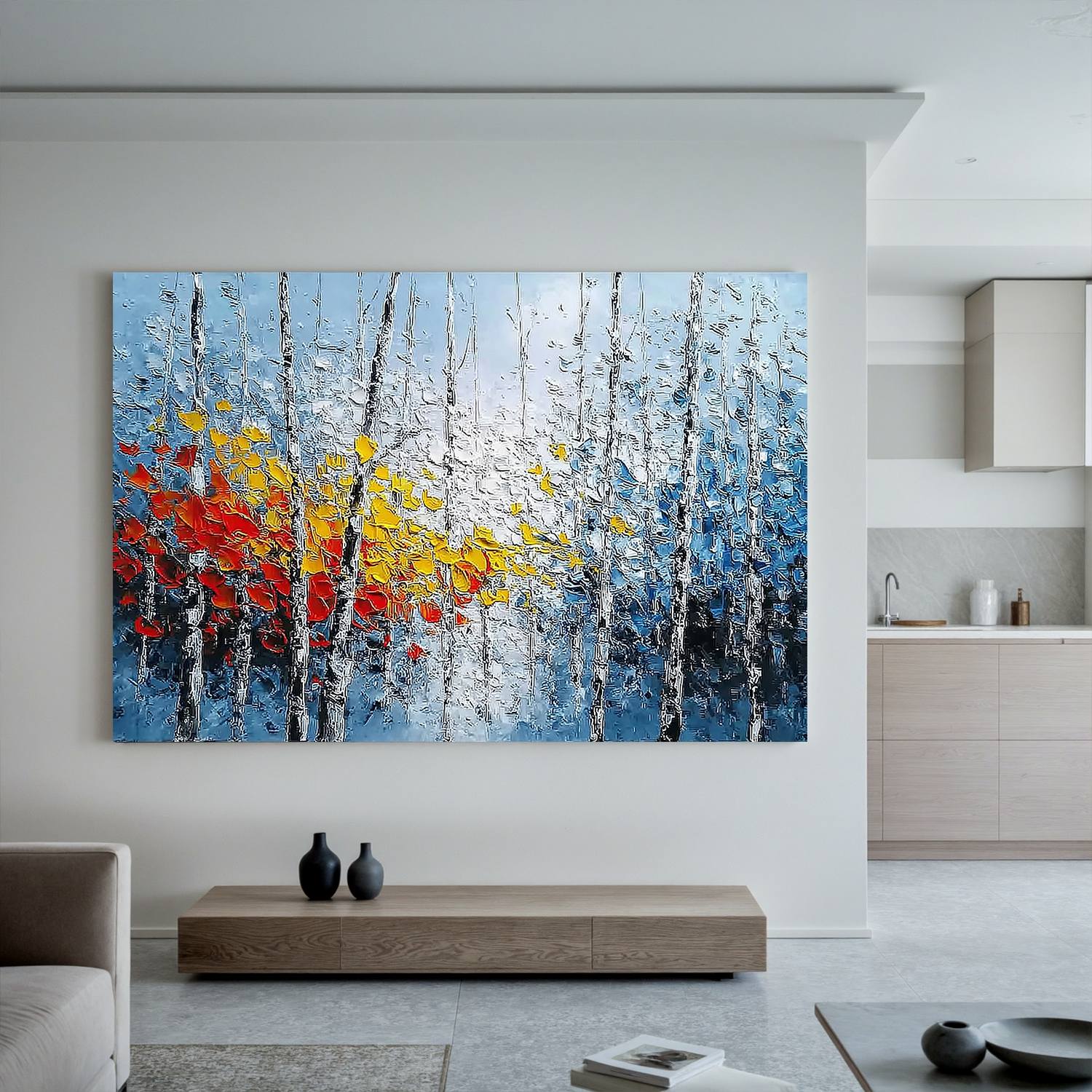 Blue Abstract Forest Wall Art, Colorful Textured Tree Canvas Painting for Living Room Décor #OA 0414