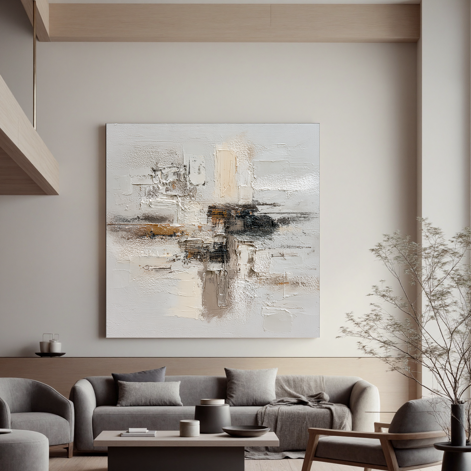 Large Neutral Textured Abstract Canvas Wall Art – Beige White Minimalist Painting for Modern Living Room Decor#OA 0882