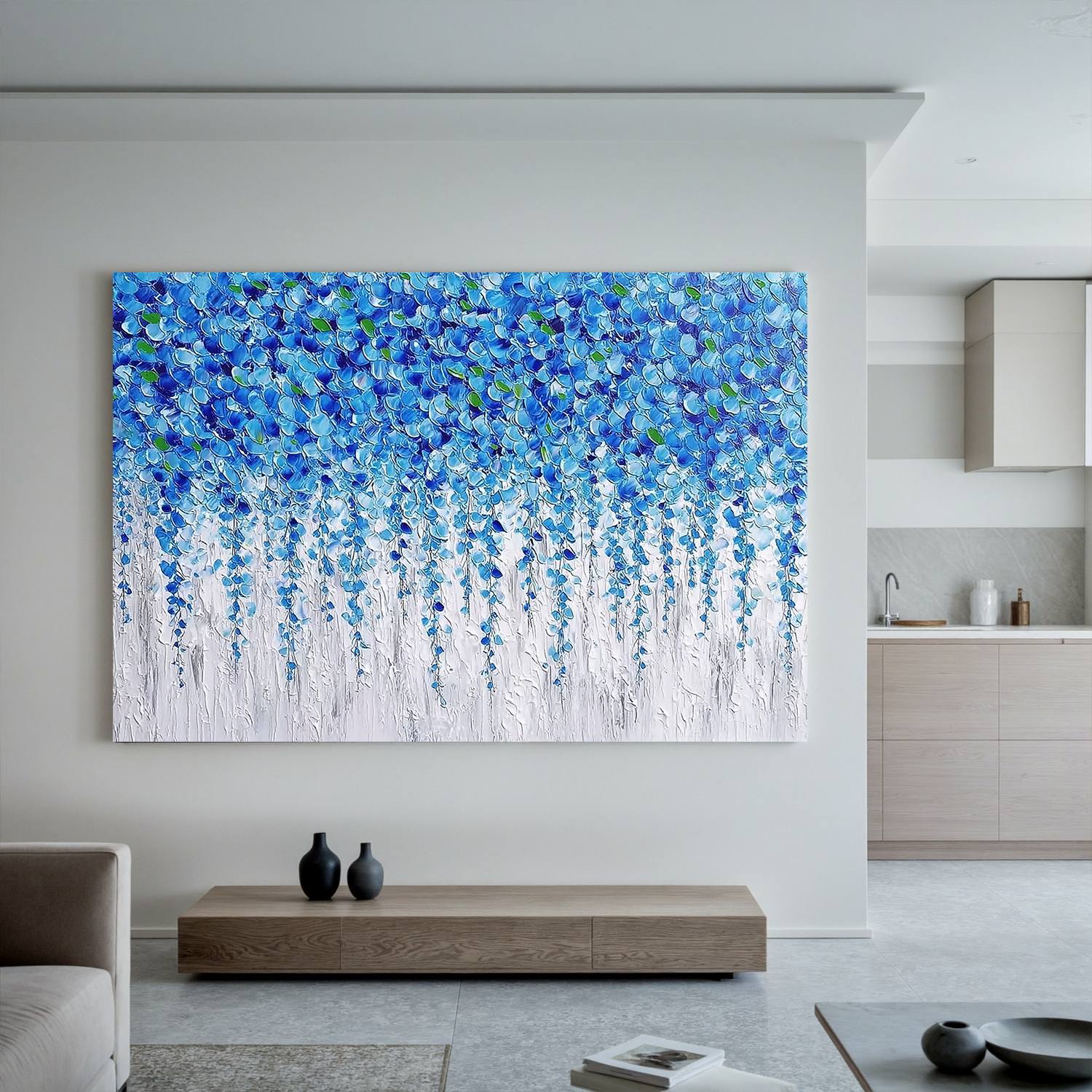 Blue Floral Abstract Wall Art, Textured Flower Cascade Canvas Painting for Living Room Décor #OA 0402