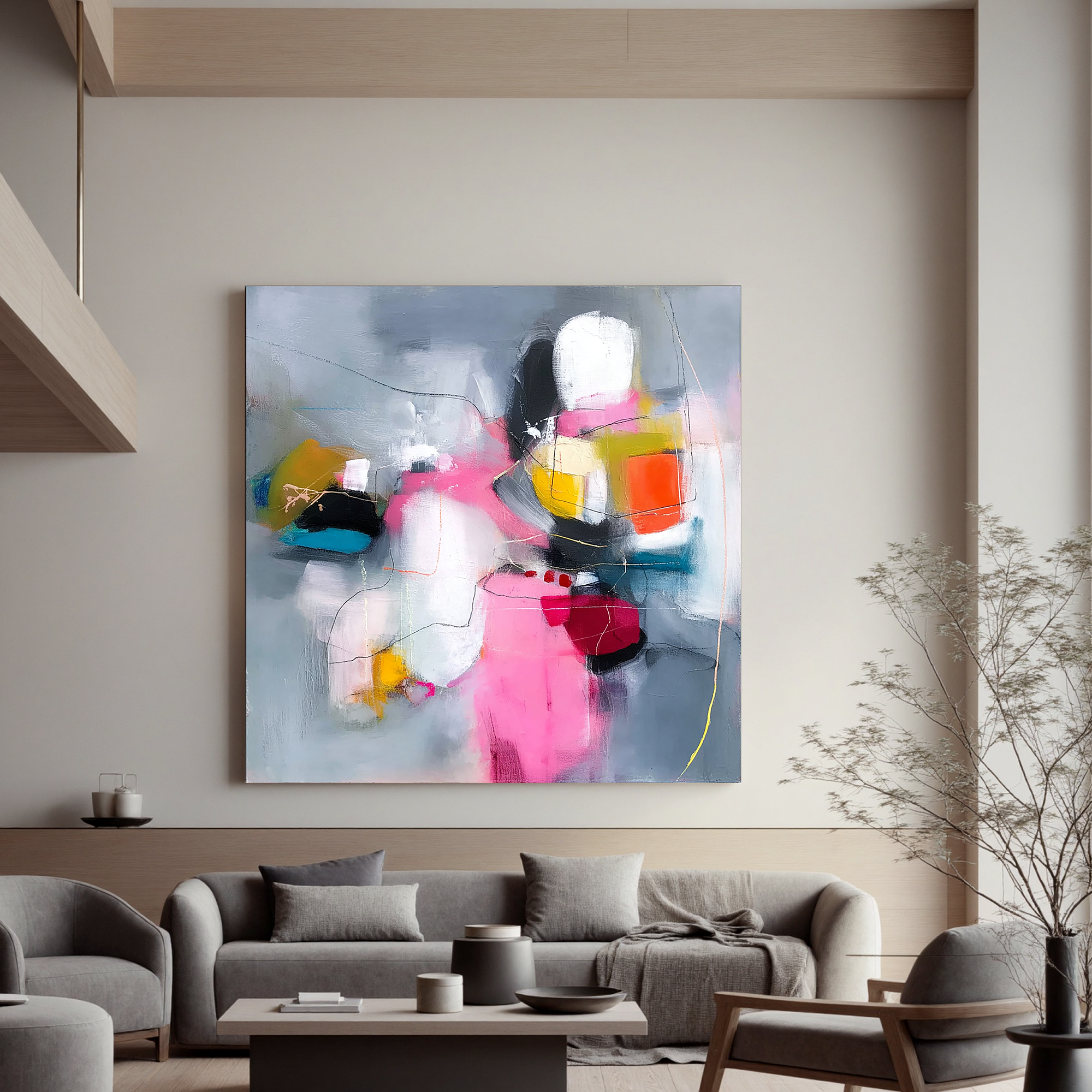 Abstract Soft Color Oil Painting Canvas – Modern Pink Gray Wall Art for Living Room Contemporary Home Decor#OA 0480