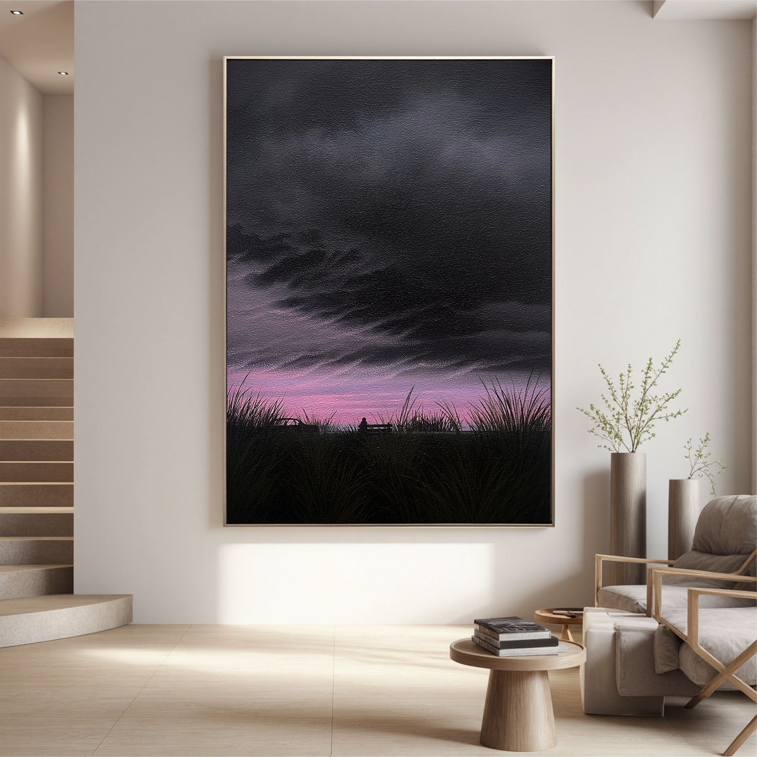 Moody Sunset Landscape Wall Art with Lone Figure on Bench, Dramatic Cloud Sky Canvas for Living Room Decor #OA 0743