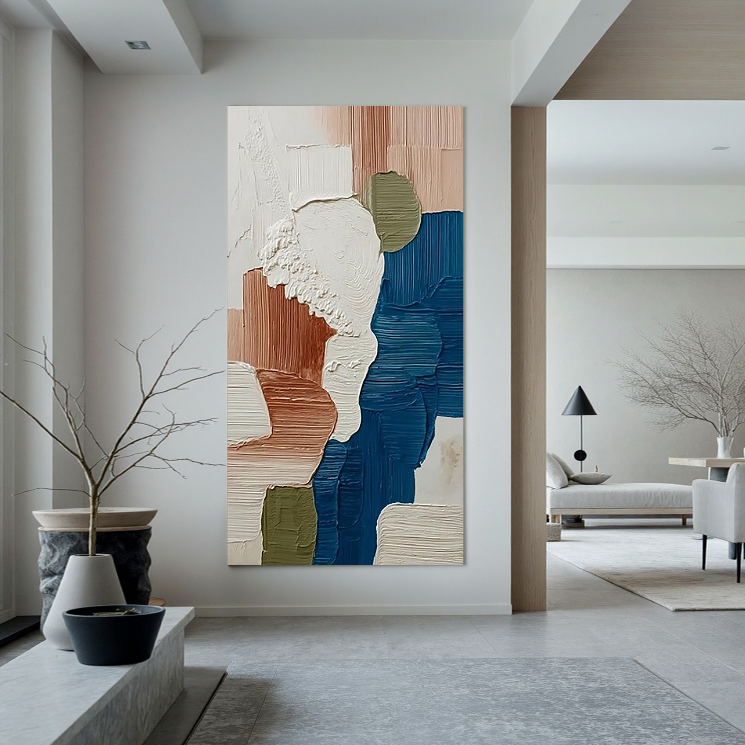 Large Textured Abstract Wall Art – Modern Neutral & Blue Palette Canvas Painting for Contemporary Living Room Decor
