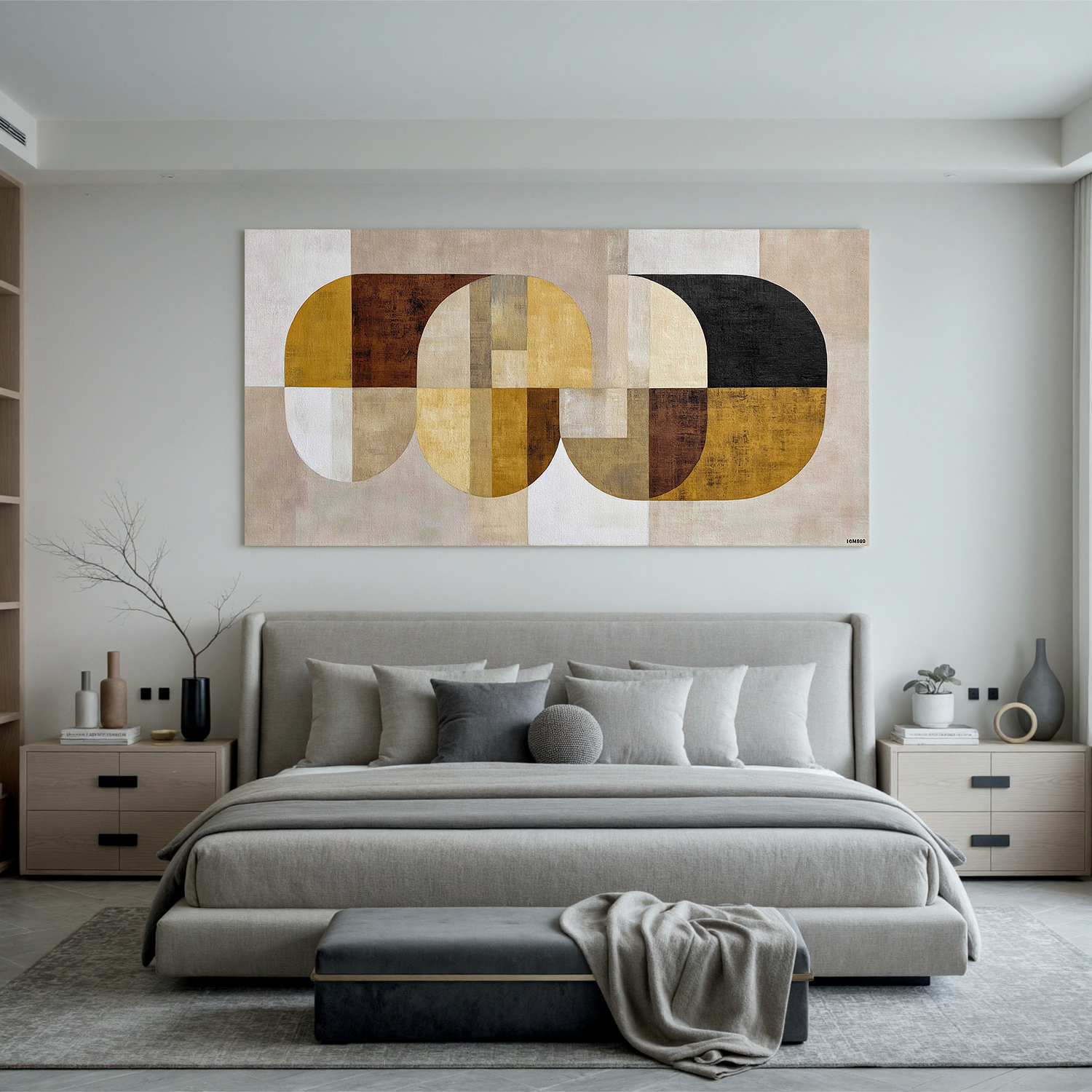 Mid Century Modern Geometric Abstract Canvas Wall Art – Neutral Beige Mustard Yellow Horizontal Painting for Living Room Decor#OA 0865
