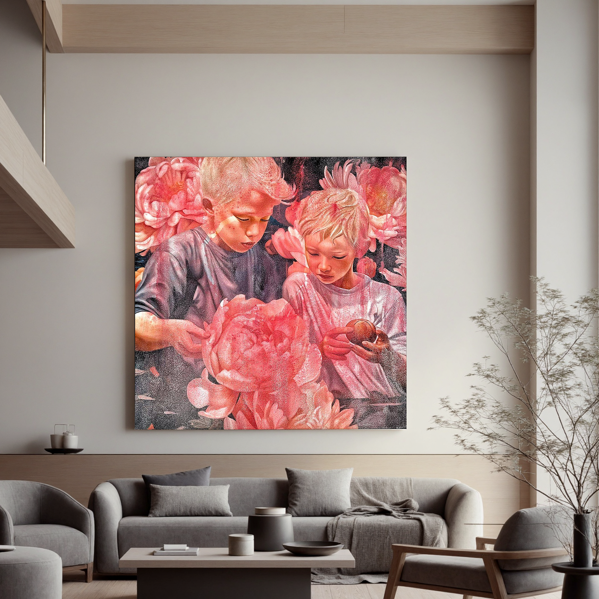 Emotional Children Portrait Oil Painting with Pink Peonies – Contemporary Figurative Floral Canvas Wall Art #OA 0819