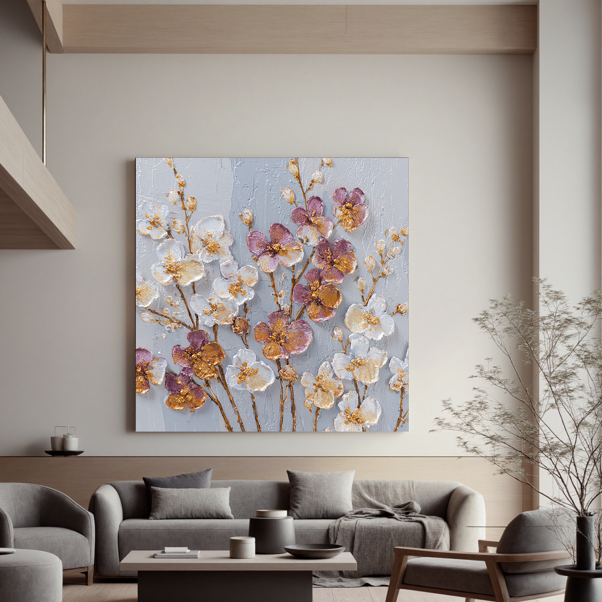 Luxury Floral Canvas Wall Art – White & Purple Flowers with Gold Texture for Elegant Home Decor#OA 0849