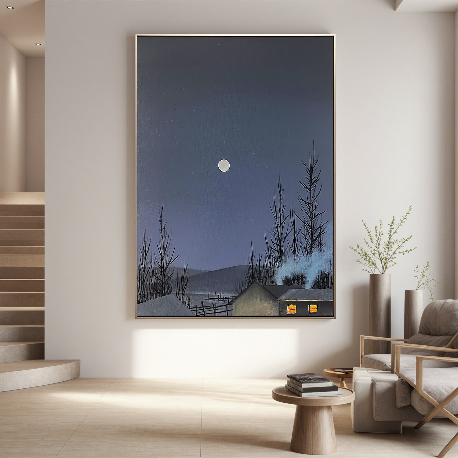 Moonlit Winter Cabin Wall Art – Snowy Night Landscape Canvas Painting for Living Room Decor #OA 0817