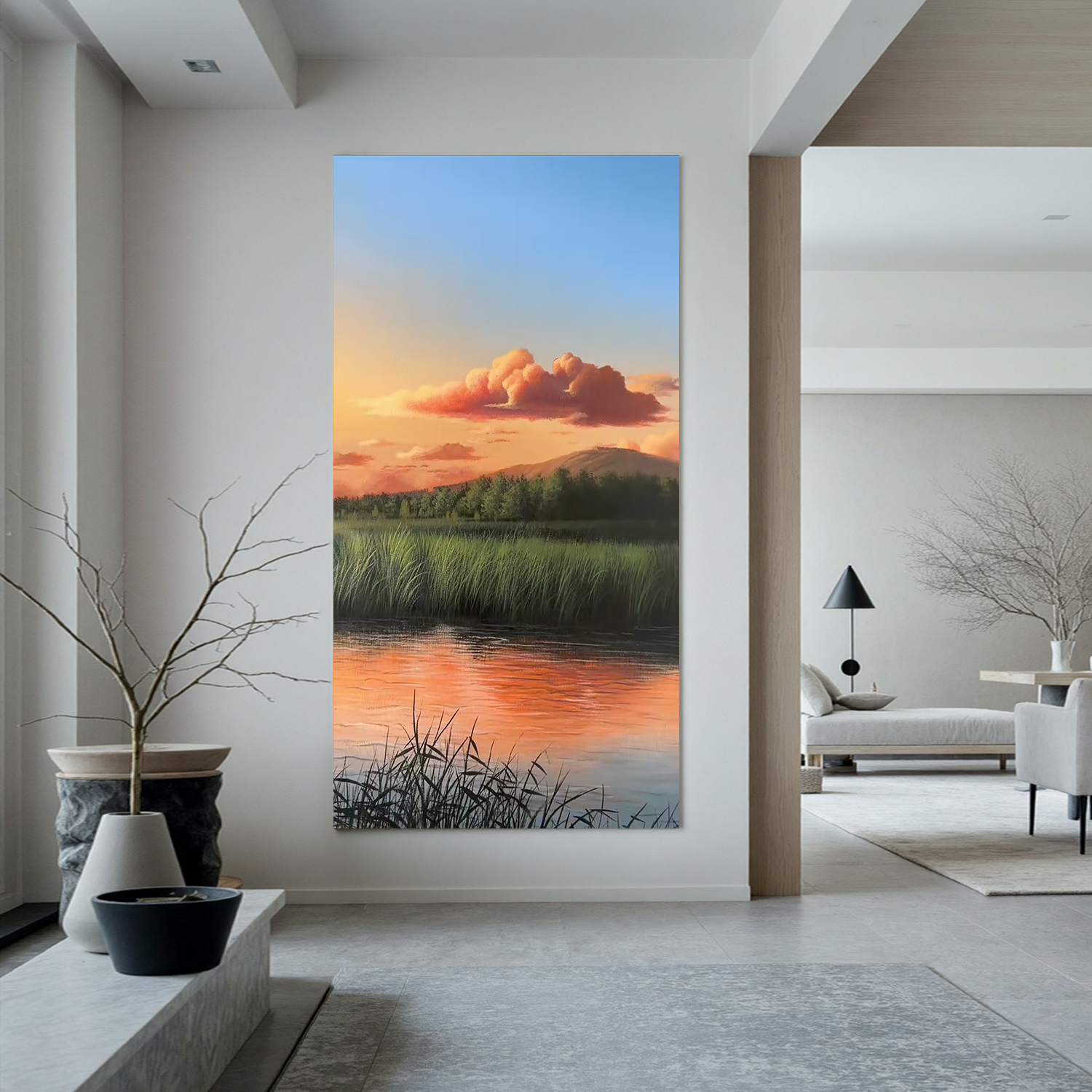 Sunset Marsh Landscape Wall Art, Serene Lake Reflection Canvas Painting, Nature Scenic Wall Decor for Living Room #OA 0782