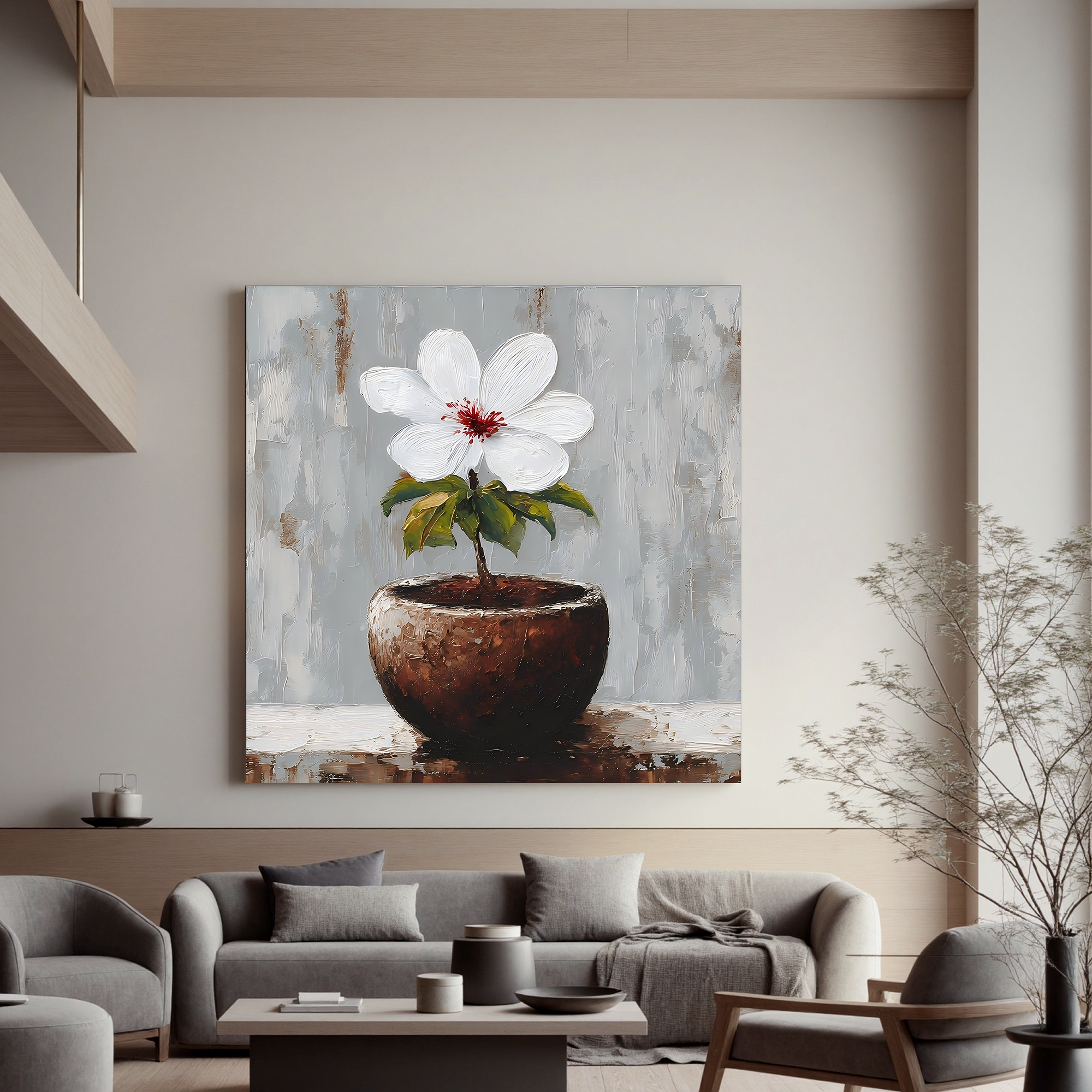 Minimalist White Flower Canvas Wall Art – Elegant Potted Plant Painting for Modern Home Decor#OA 0852