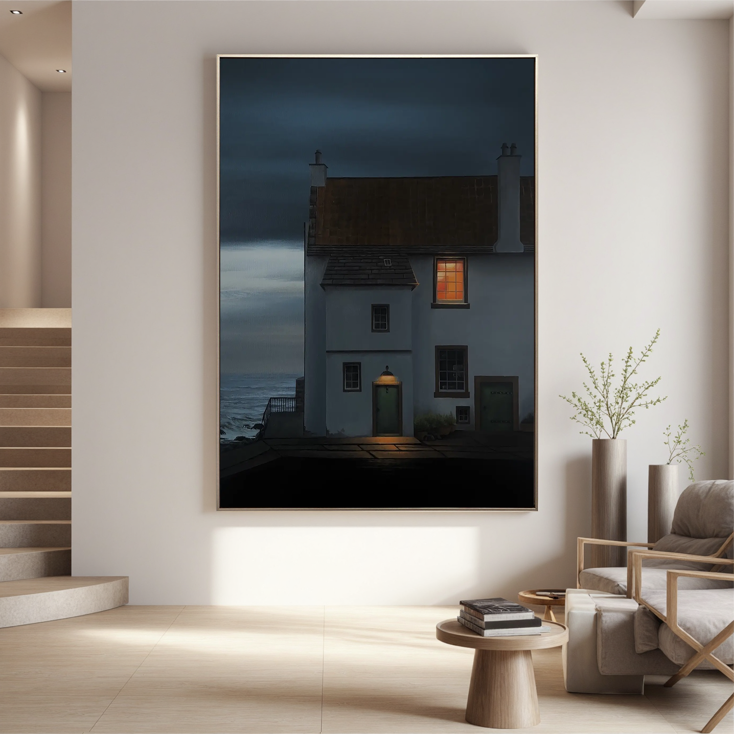 Coastal Cottage at Night Wall Art, Moody Seaside House with Warm Window Light Canvas for Living Room Decor #OA 0752
