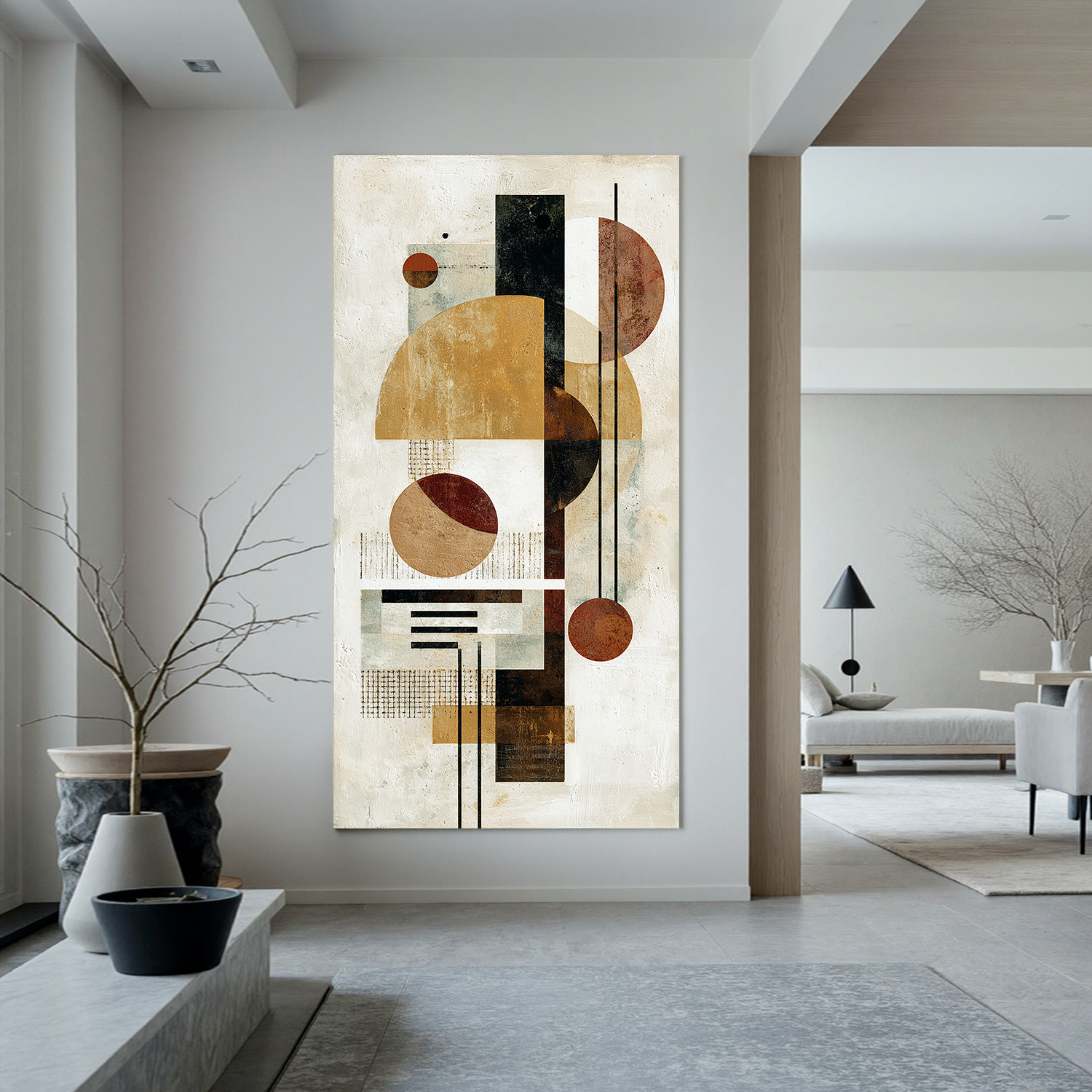 Mid Century Modern Geometric Abstract Canvas Wall Art – Neutral Beige and Rust Vertical Bauhaus Style Painting for Living Room Decor#OA 0863