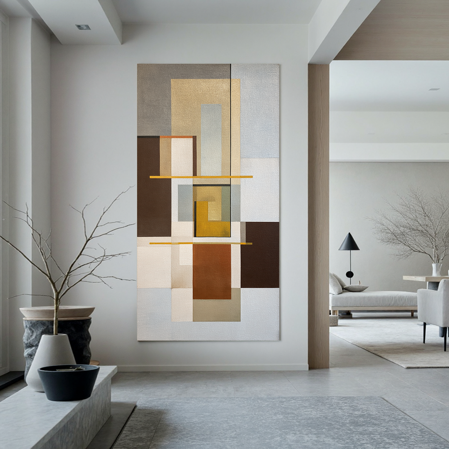 Mid Century Modern Geometric Abstract Canvas Wall Art – Neutral Beige and Brown Vertical Painting for Living Room Decor#OA 0862