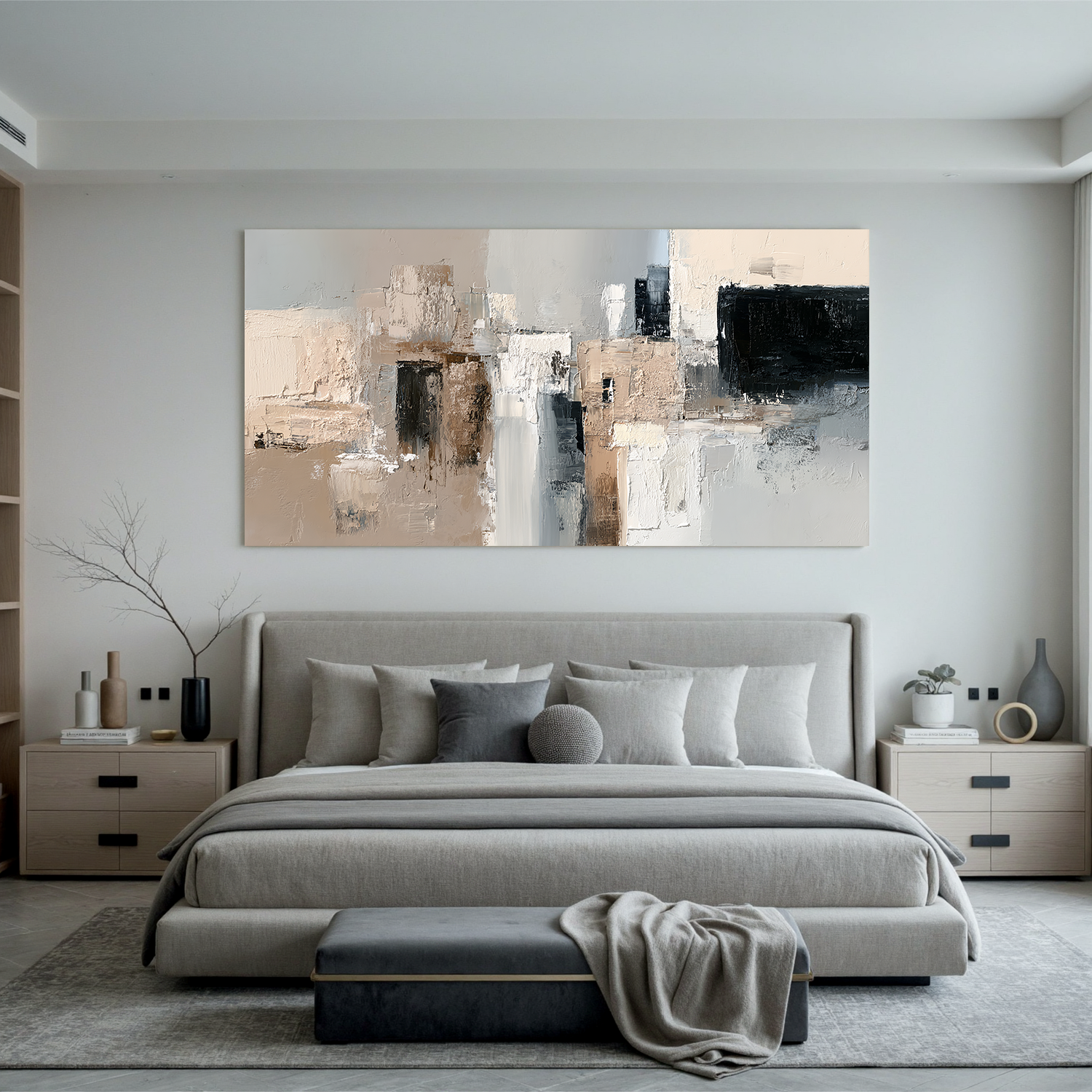 Large Neutral Abstract Canvas Wall Art – Modern Textured Black White Beige Painting for Living Room Decor#OA 0874