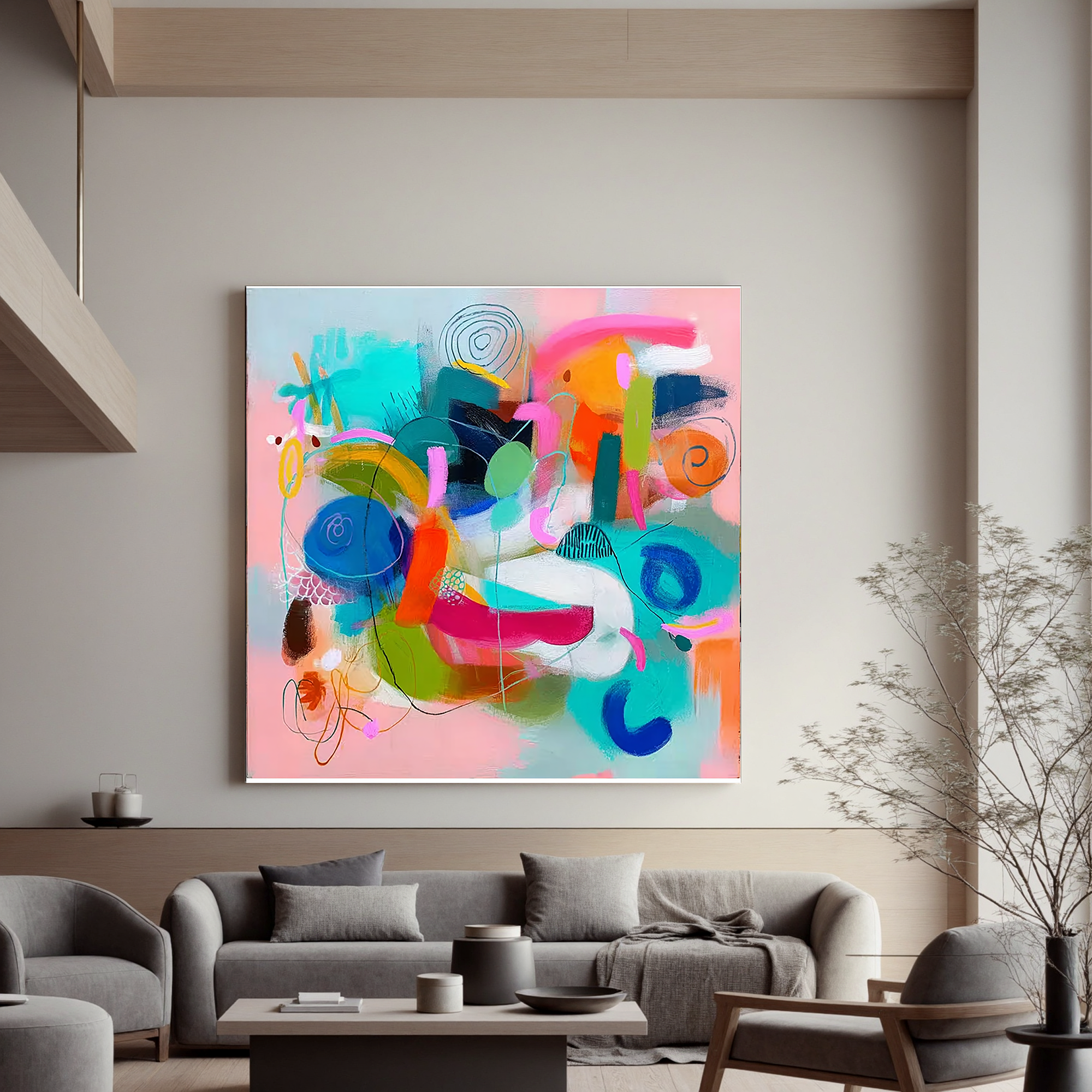 Abstract Colorful Modern Oil Painting Canvas – Contemporary Geometric Wall Art for Living Room Home Decor#OA 0473