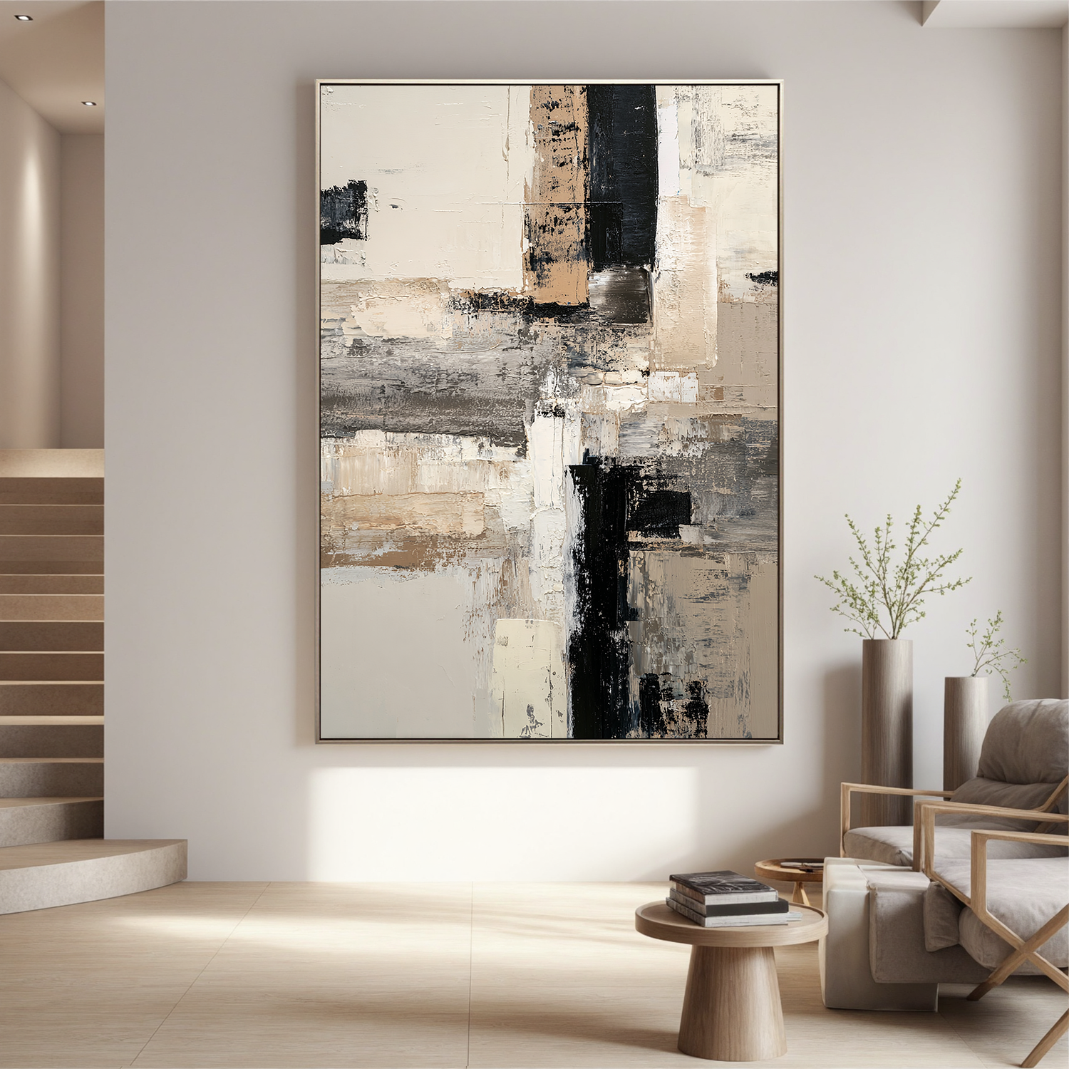 Neutral Abstract Canvas Wall Art – Black White Beige Modern Minimalist Painting for Living Room Decor#OA 0879