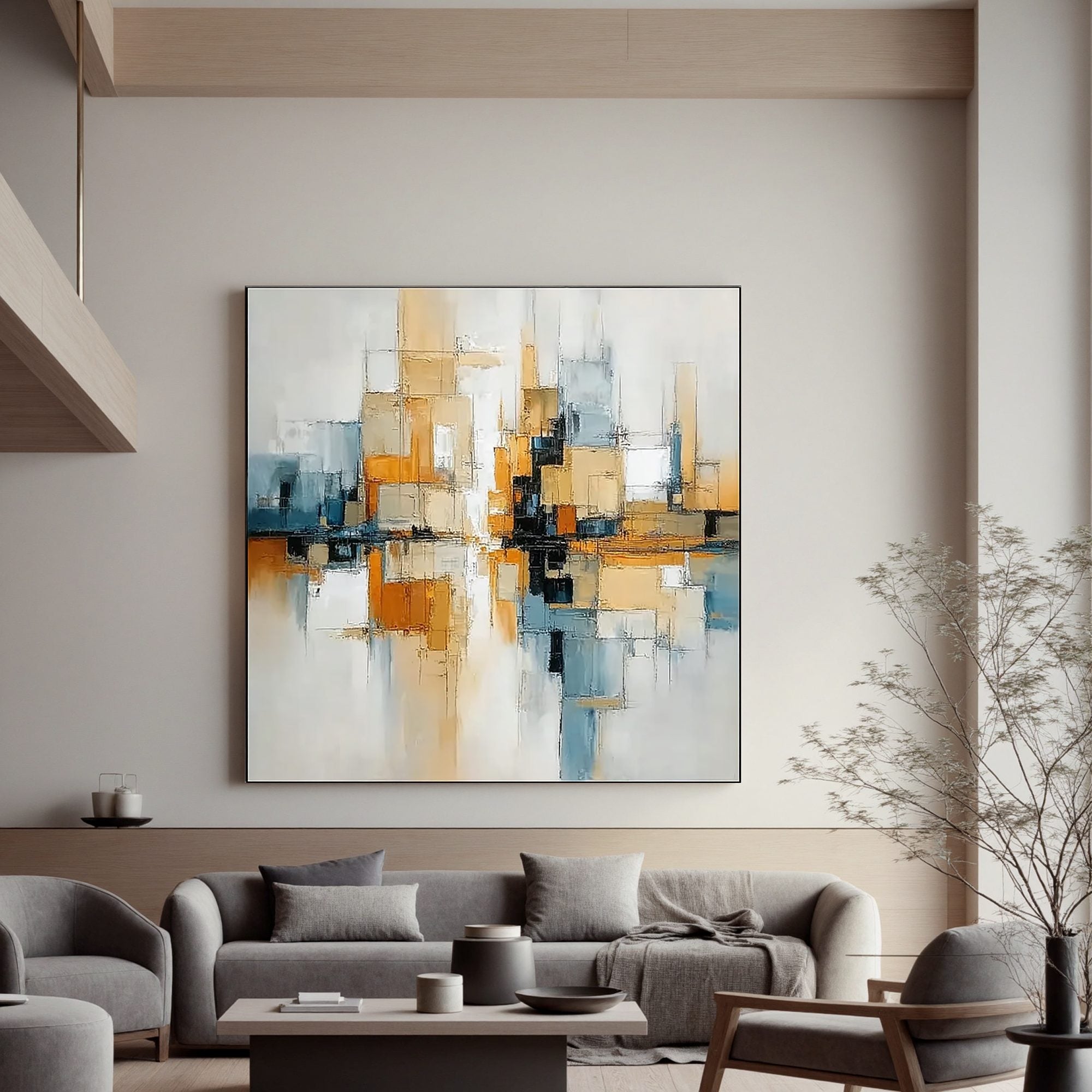 Modern Geometric Abstract Wall Art, Gold and Blue Cityscape Canvas Painting for Living Room Décor #OA 0405