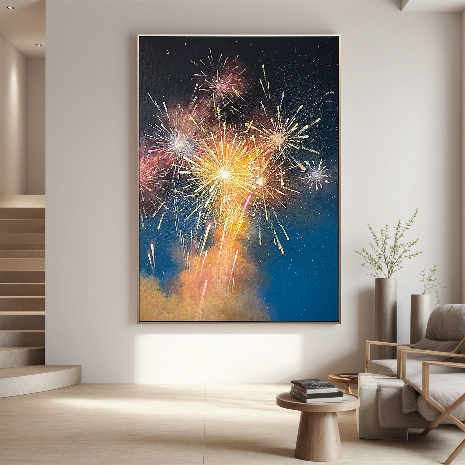 Colorful Fireworks Night Sky Wall Art – Celebration Canvas Painting for Living Room and Party Decor #OA 0799