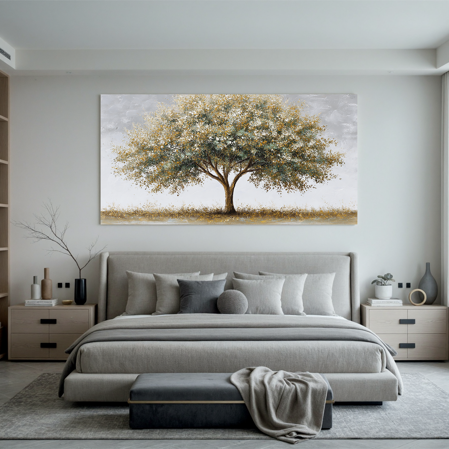 Golden Tree Canvas Wall Art – Minimalist Nature Painting for Modern Living Room Decor#OA 0851