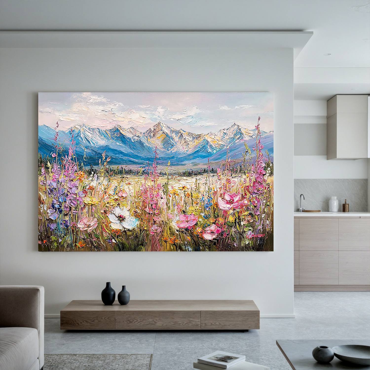 Mountain Wildflower Meadow Wall Art, Textured Alpine Landscape Canvas Painting for Living Room Décor #OA 0416