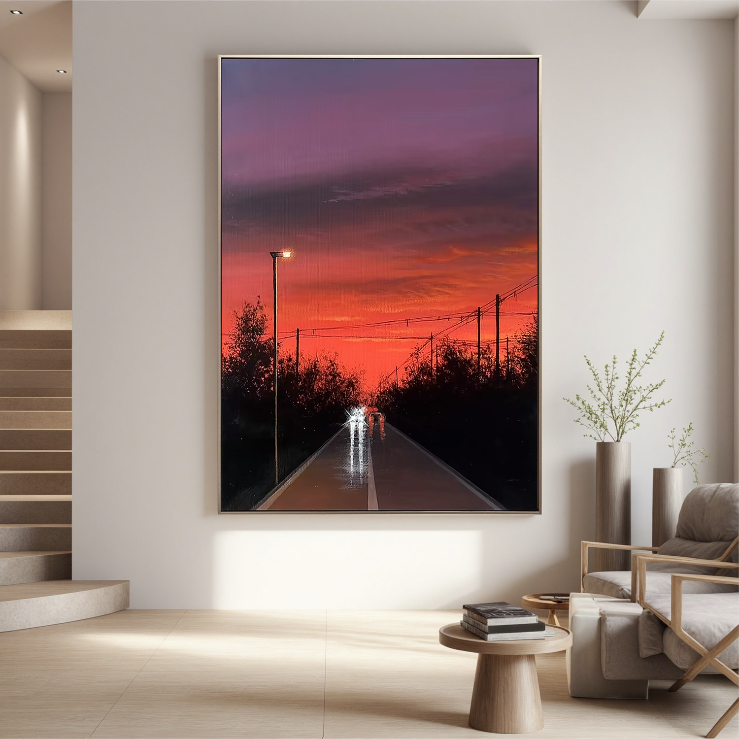 Fiery Sunset Road Wall Art, Moody Urban Landscape Canvas Painting with Streetlight Reflections for Modern Living Room Decor #OA 0788