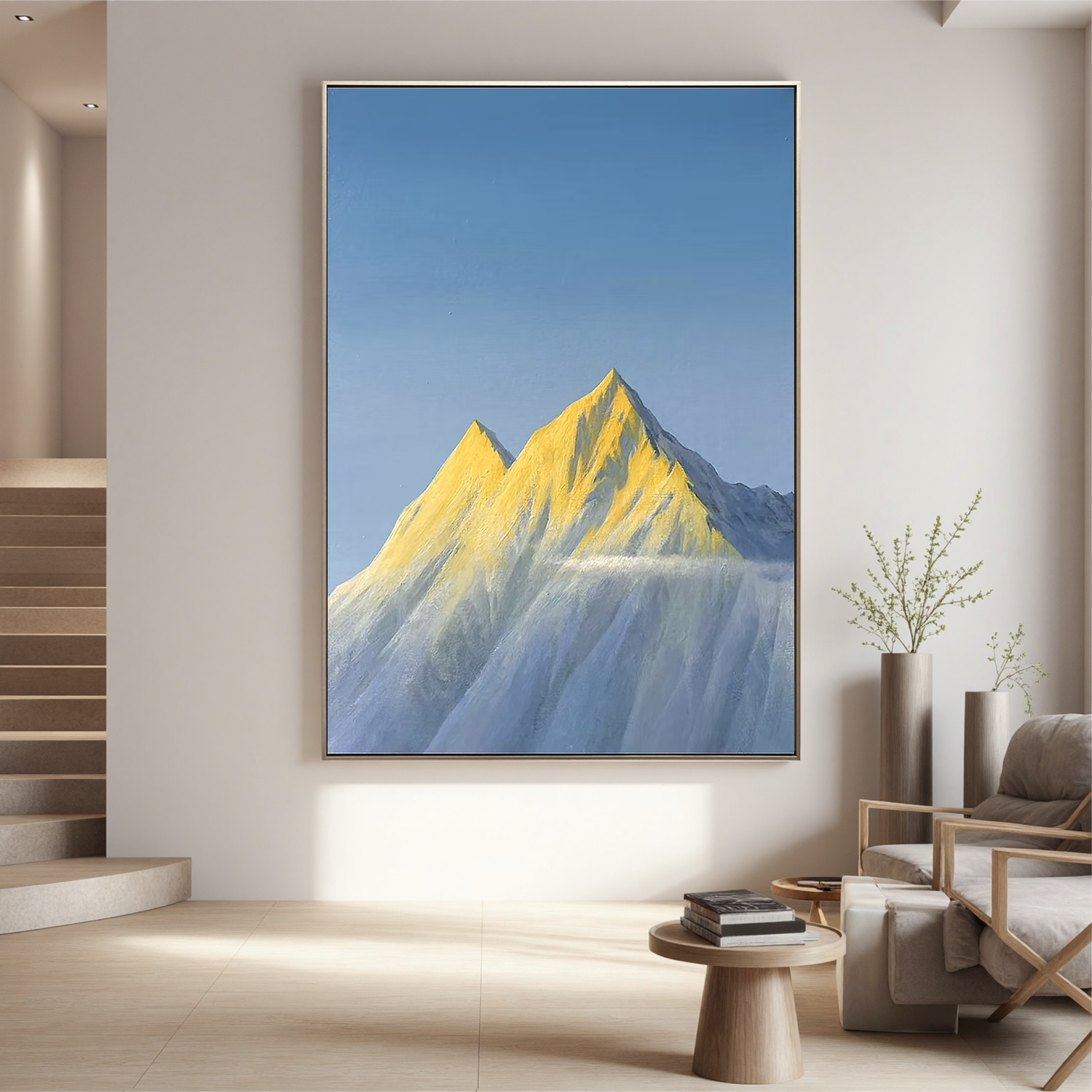 Golden Snow-Capped Mountain Wall Art, Minimalist Alpine Landscape Canvas Painting for Modern Living Room Decor #OA 0792