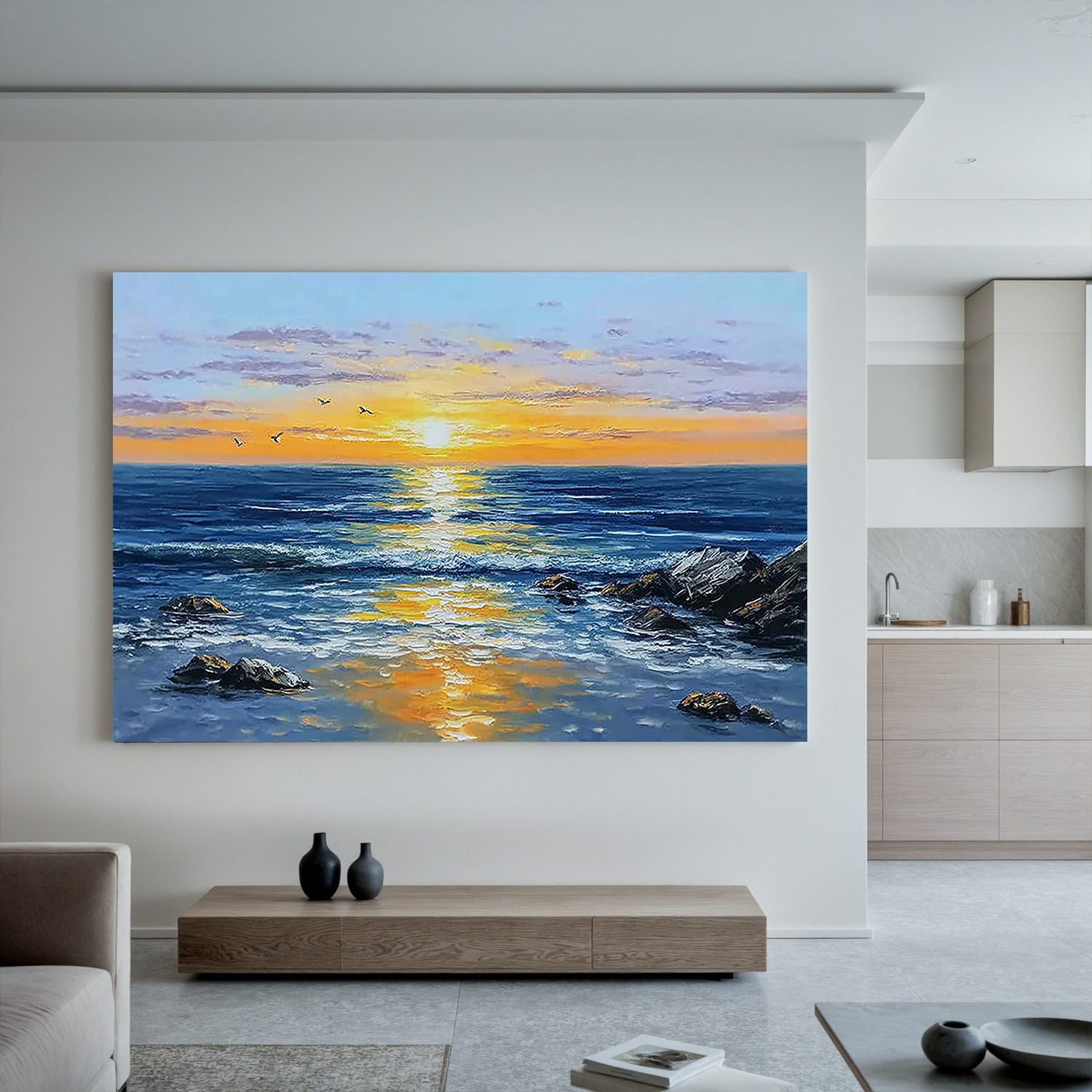 Ocean Sunset Wall Art, Blue Seascape Canvas Painting with Golden Reflection for Living Room Décor #OA 0404