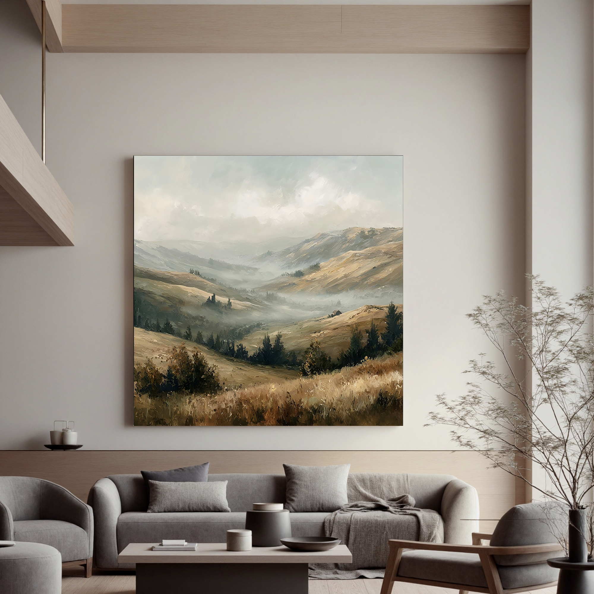 Misty Mountain Valley Landscape Painting – Neutral Rustic Wall Art#OA 0898