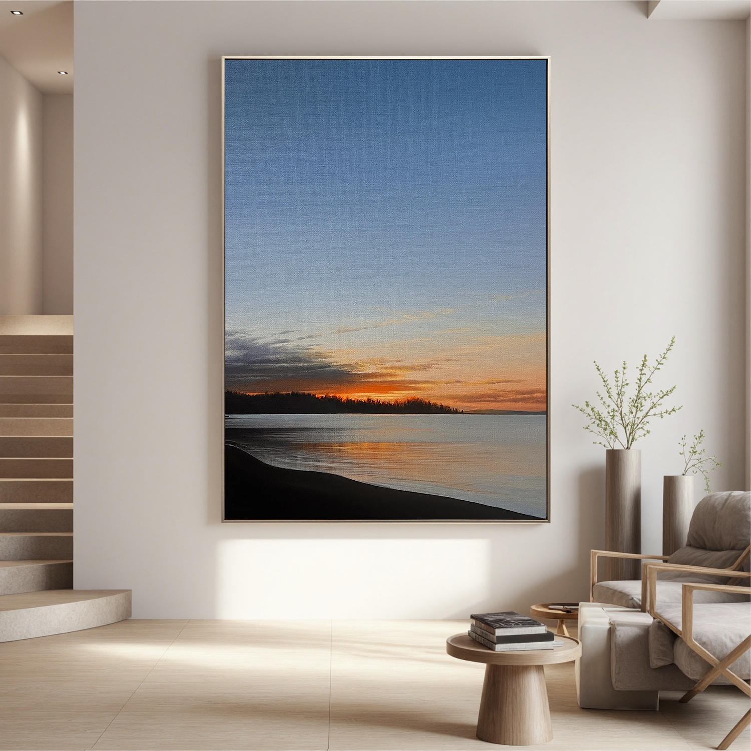 Serene Sunset Lake Wall Art, Peaceful Coastal Landscape Canvas with Golden Sky for Living Room Decor #OA 0753