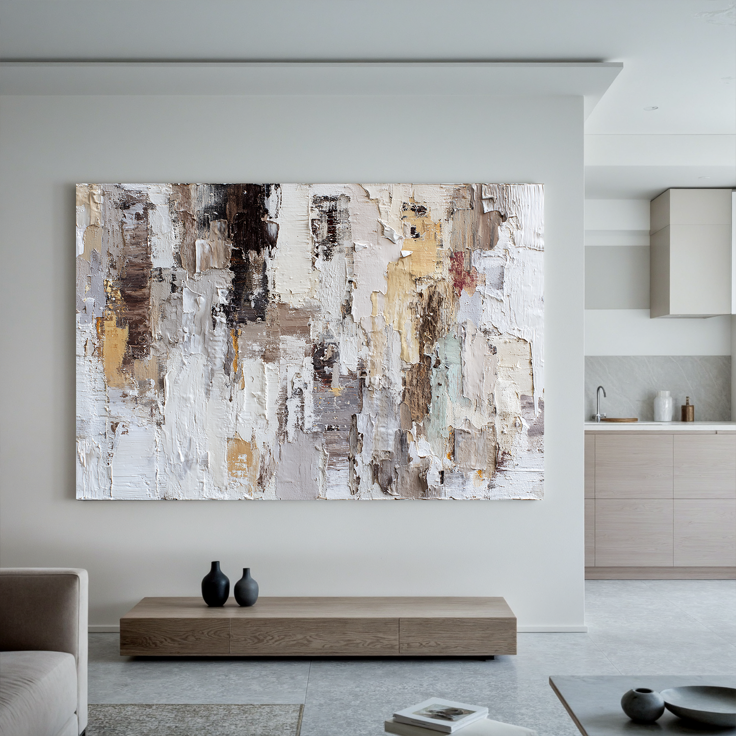 Large Horizontal Neutral Textured Wall Art – Beige Brown Abstract Canvas for Modern Living Room Decor#OA 0835