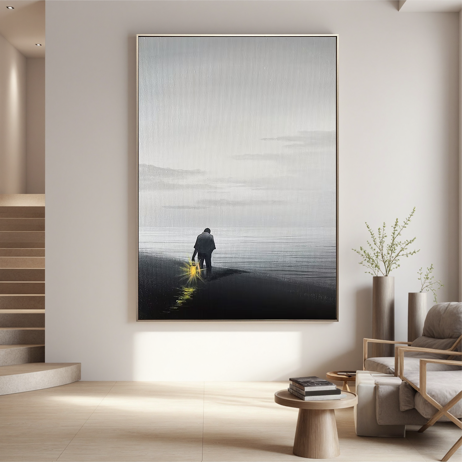 Solitary Figure with Lantern Beach Wall Art, Minimalist Black and White Seascape Canvas Painting for Living Room Decor #OA 0777