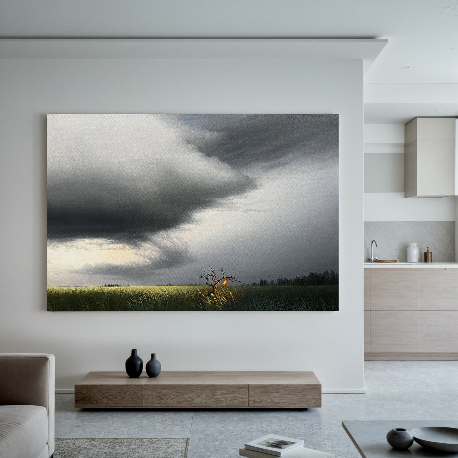 Dramatic Stormy Sky Landscape Wall Art with Glowing Tree, Moody Panoramic Field Canvas for Living Room Decor #OA 0736