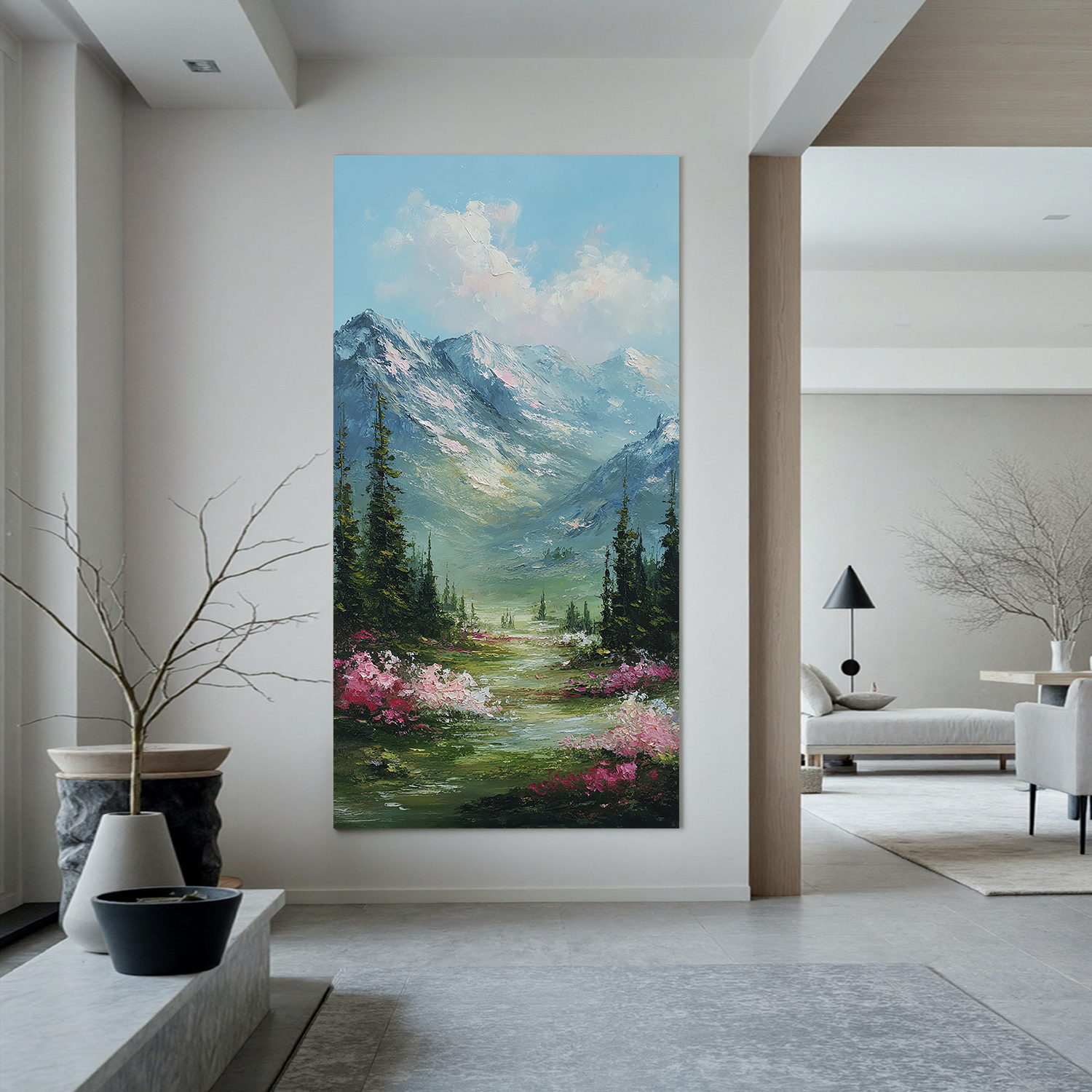 Vertical Mountain Landscape Oil Painting – Scenic Forest Valley Canvas Wall Art#OA 0890