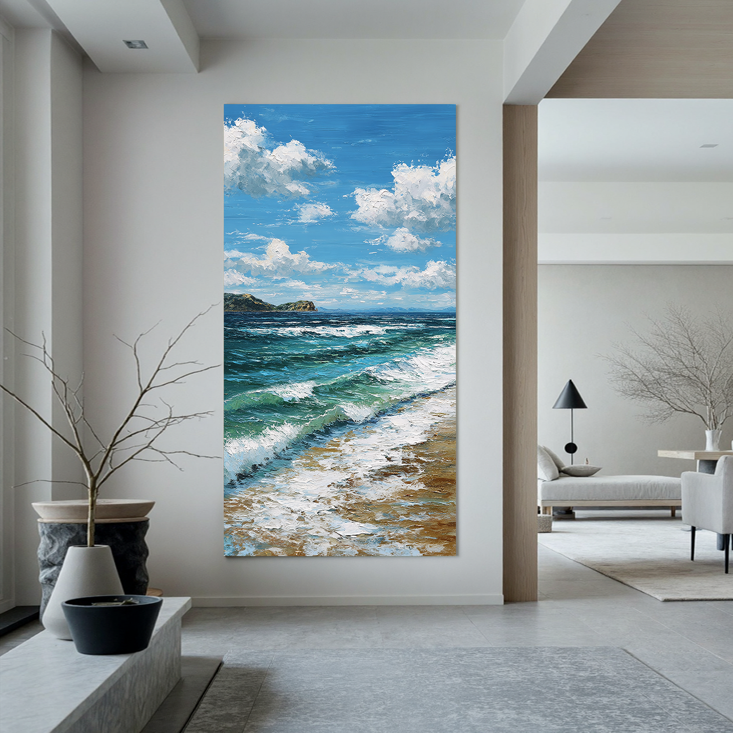 Vertical Coastal Ocean Wall Art – Blue Sea Waves and Sky Canvas Painting for Modern Home Decor#OA 0833