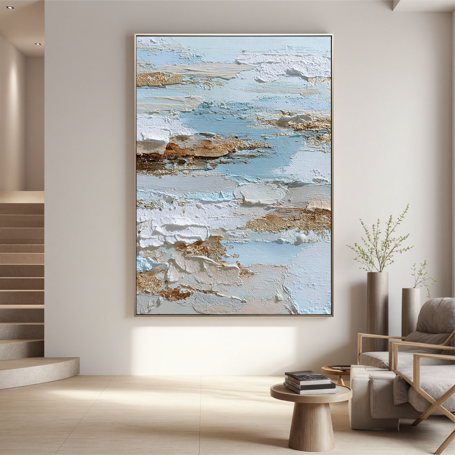 Vertical Abstract Coastal Canvas Wall Art – Light Blue & Neutral Texture Seascape Painting for Modern Home Decor#OA 0844