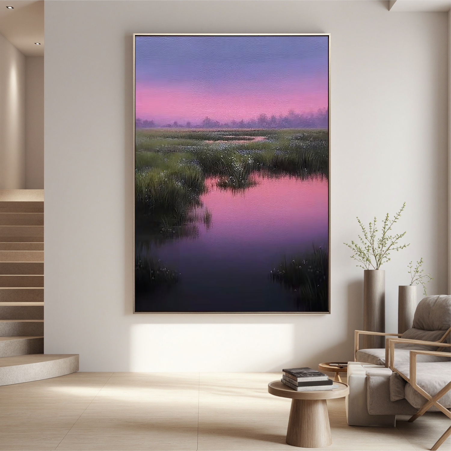 Pink and Purple Sunset Wetland Wall Art, Serene Marsh Landscape Canvas Painting for Living Room Decor #OA 0731