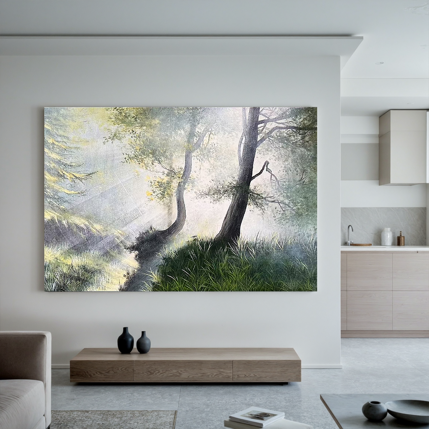 Misty Forest Landscape Wall Art โ Sunlight Through Trees Canvas Painting for Living Room Decor #OA 0815