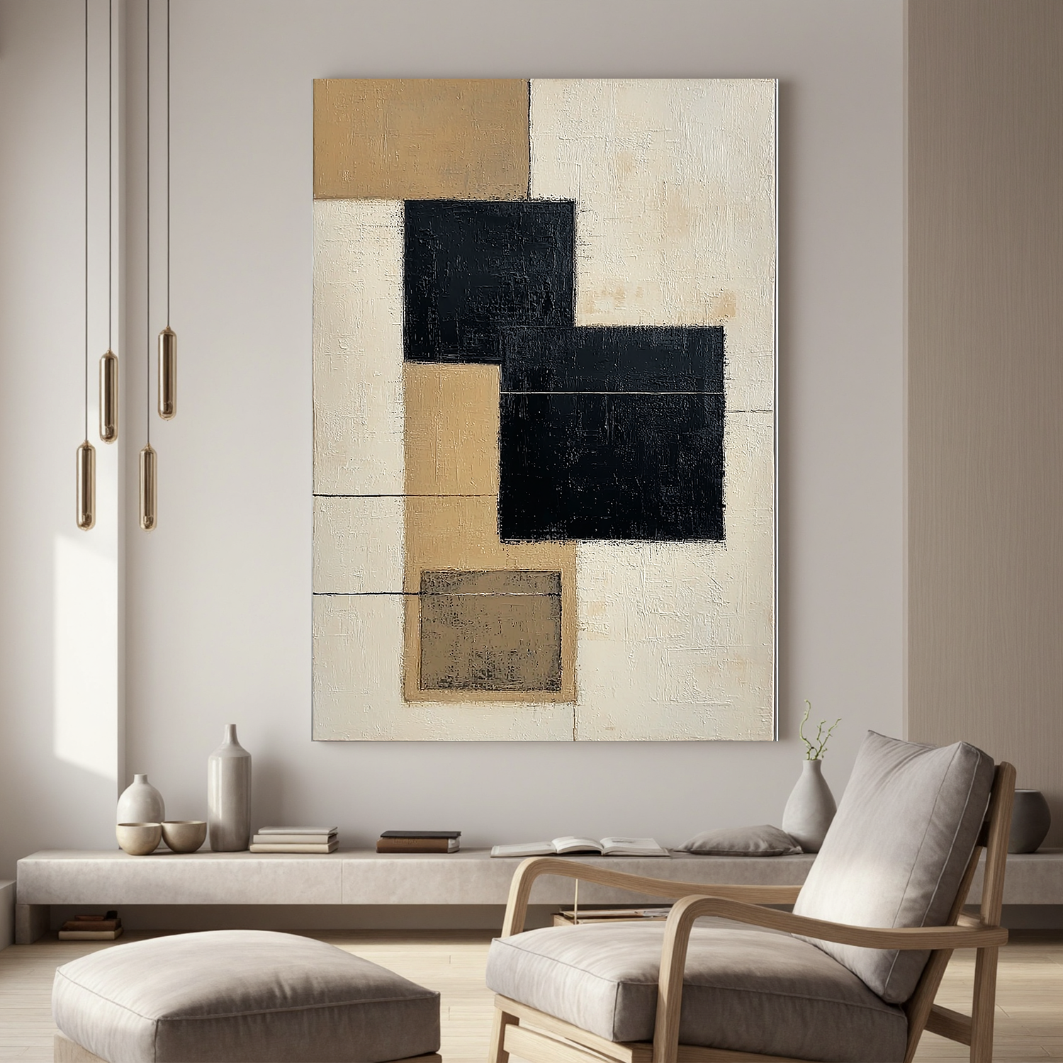 Black and Beige Abstract Oil Painting, Minimalist Geometric Wall Art for Living Room Decor#OA 0570