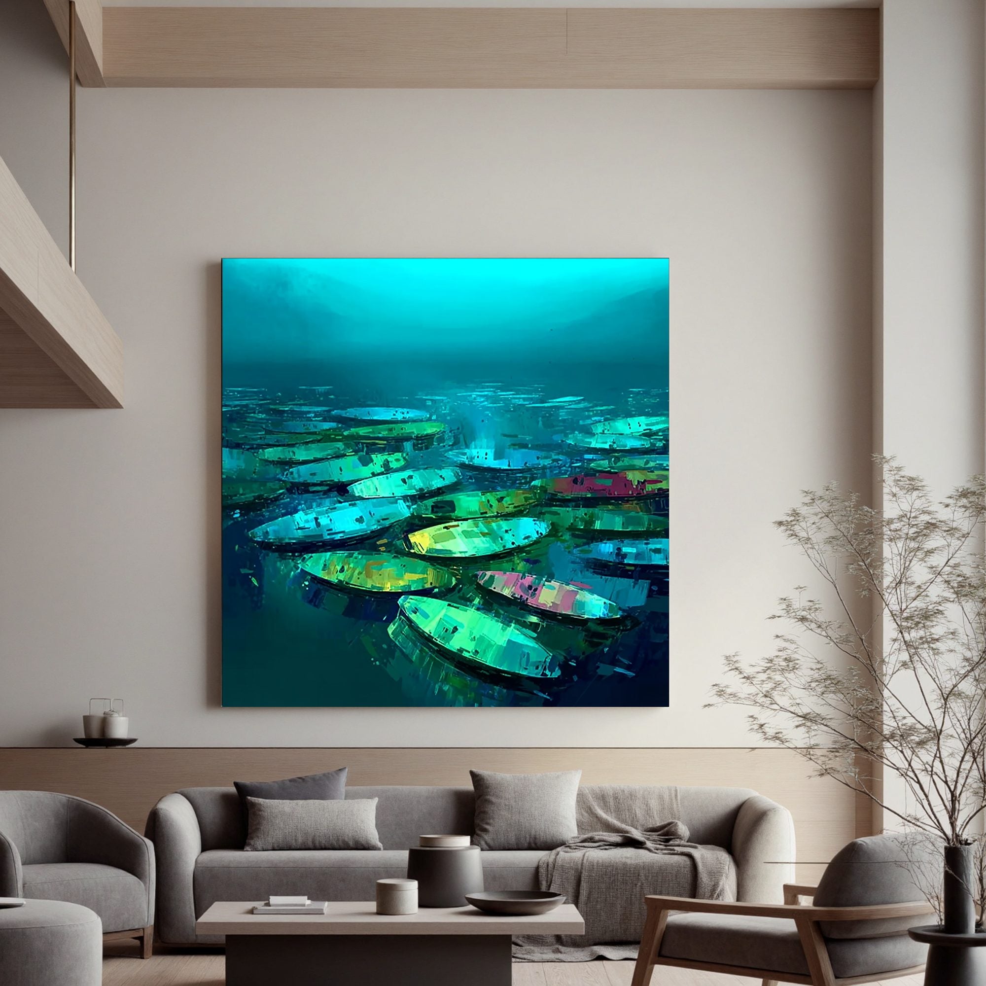 Modern Abstract Boat Painting on Water | Blue Green Lake Boat Wall Art | Large Hand Painted Contemporary Canvas Artwork#OA 0429