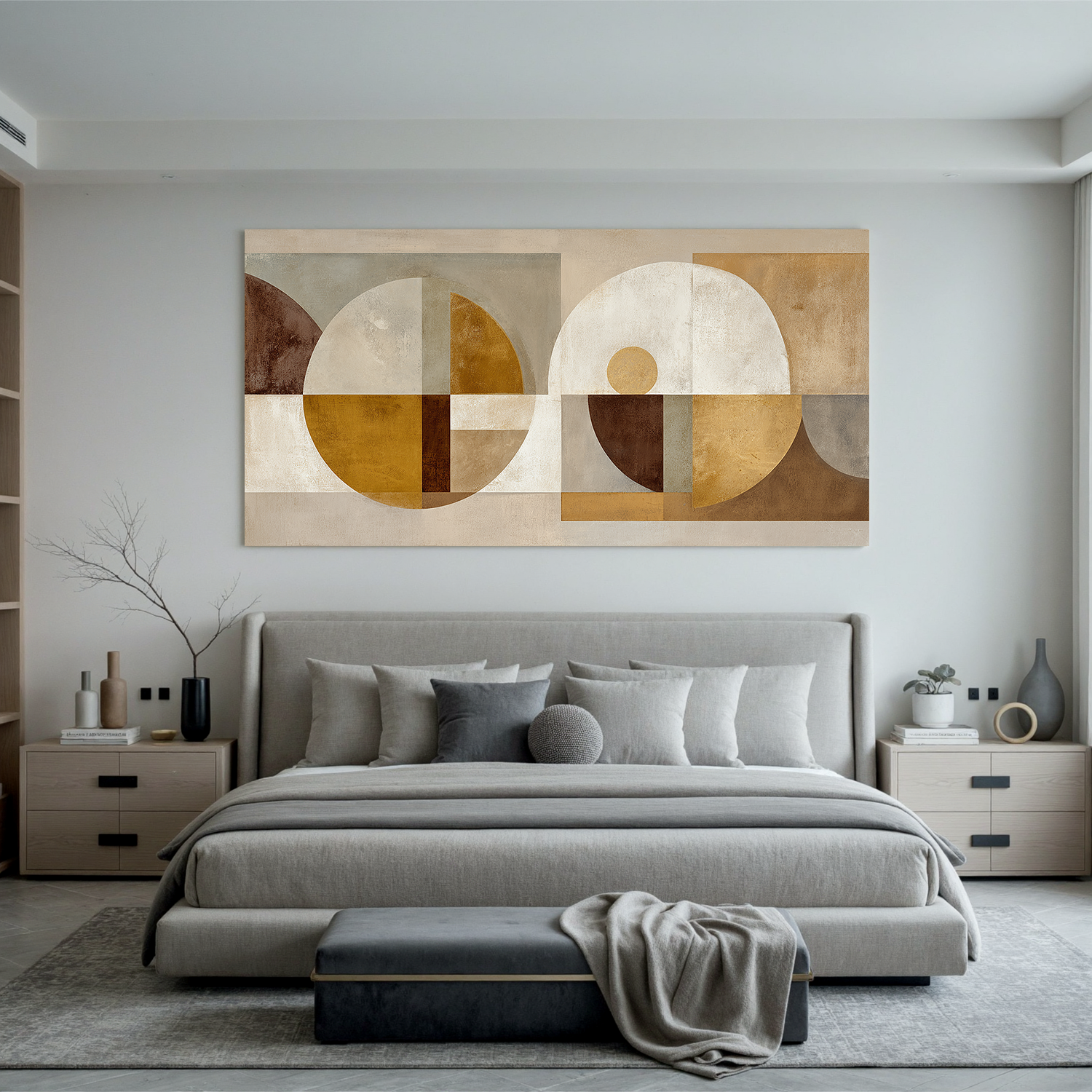 Modern Geometric Abstract Canvas Wall Art – Neutral Beige and Gold Mid Century Large Horizontal Painting for Living Room Decor#OA 0861