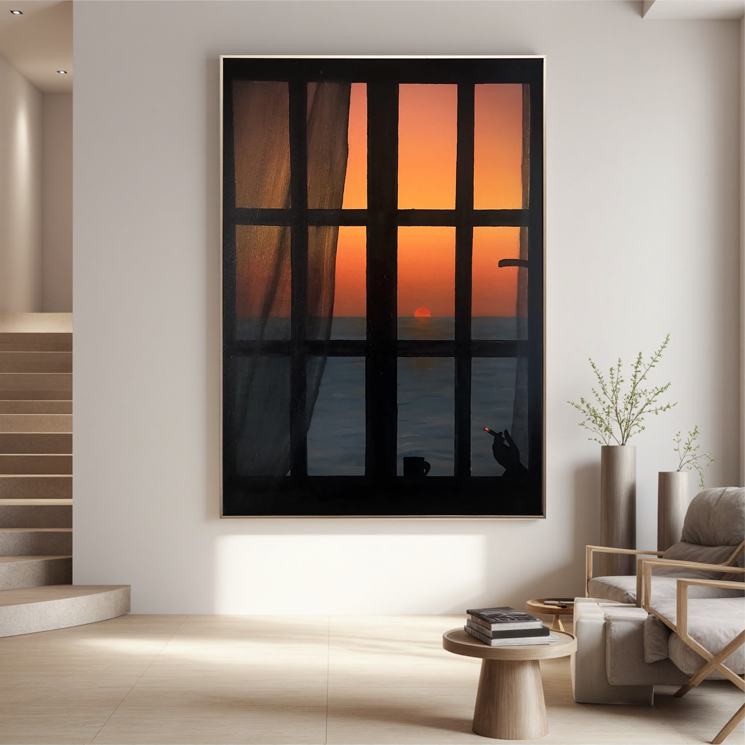 Ocean Sunset Window View Wall Art, Silhouette Interior Scene Canvas, Romantic Seascape Painting for Living Room Decor #OA 0756