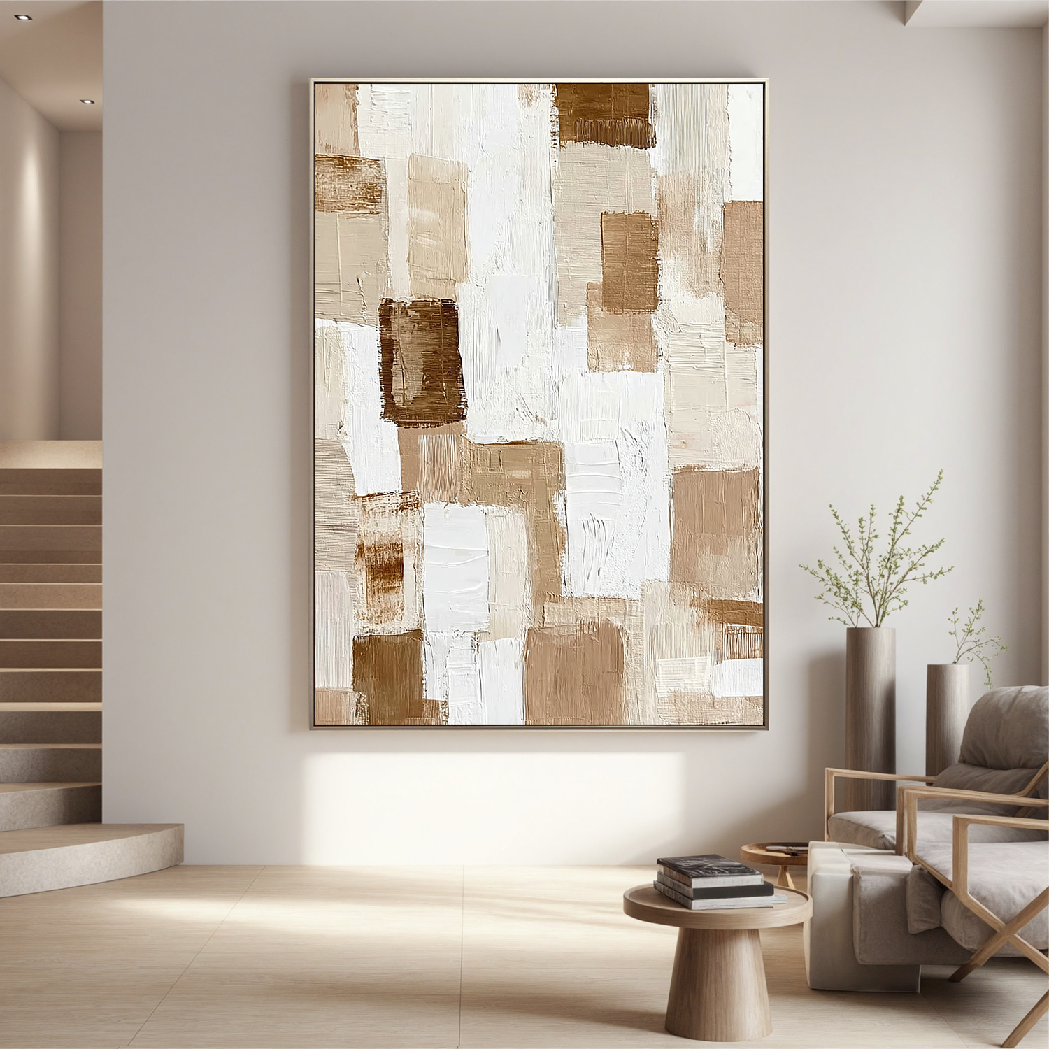 Neutral Beige Abstract Oil Painting, Textured Minimalist Wall Art for Living Room Decor#OA 0593