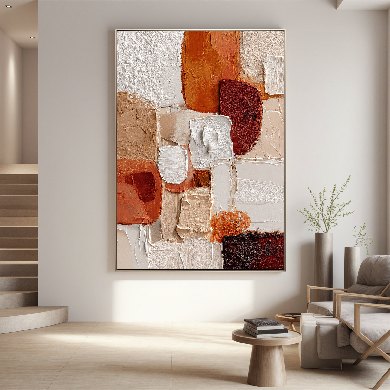 Large Vertical Abstract Canvas Wall Art – Earth Tone Textured Painting for Modern Living Room Decor#OA 0839