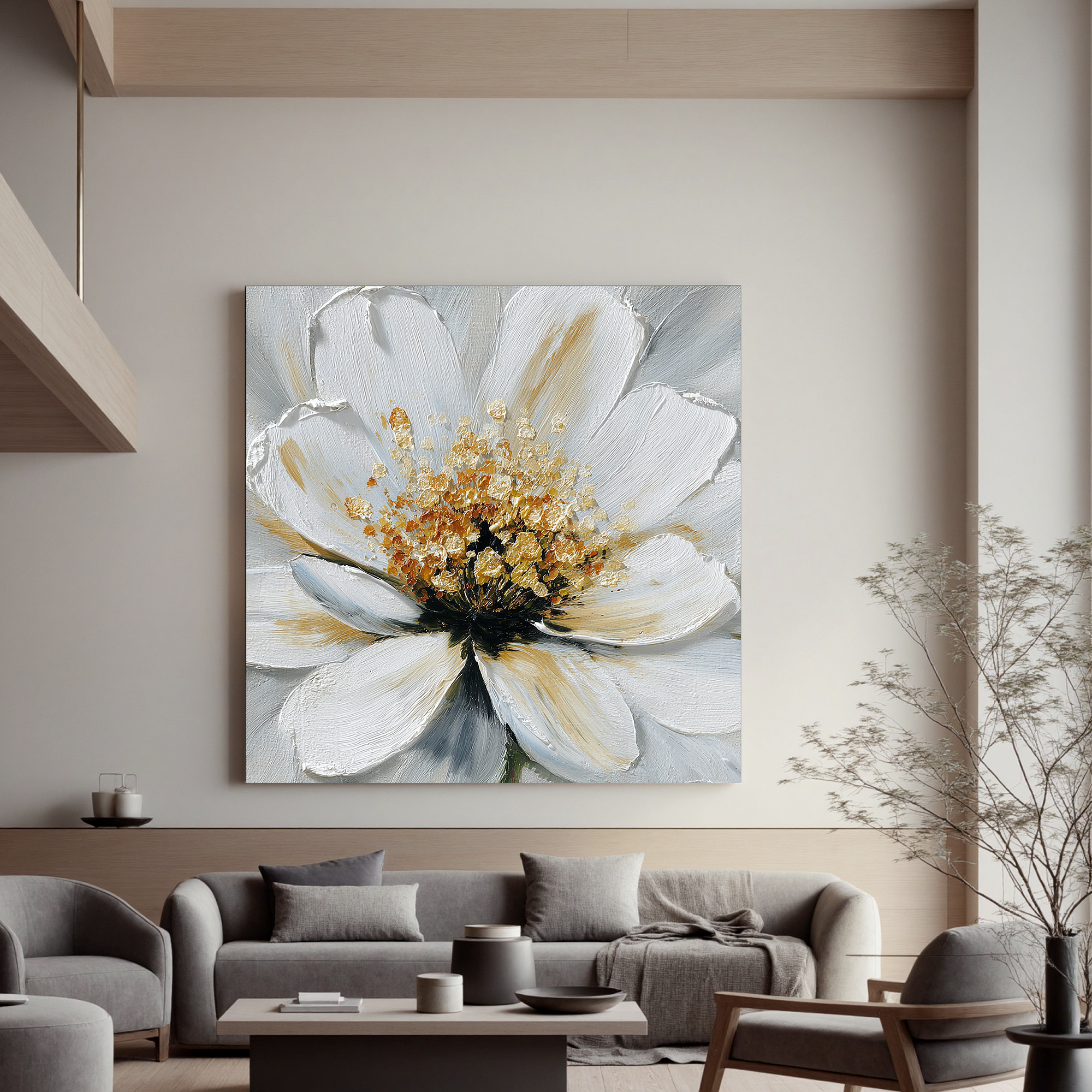 White Flower Canvas Wall Art – Elegant Floral Painting with Gold Texture for Modern Home Decor#OA 0847