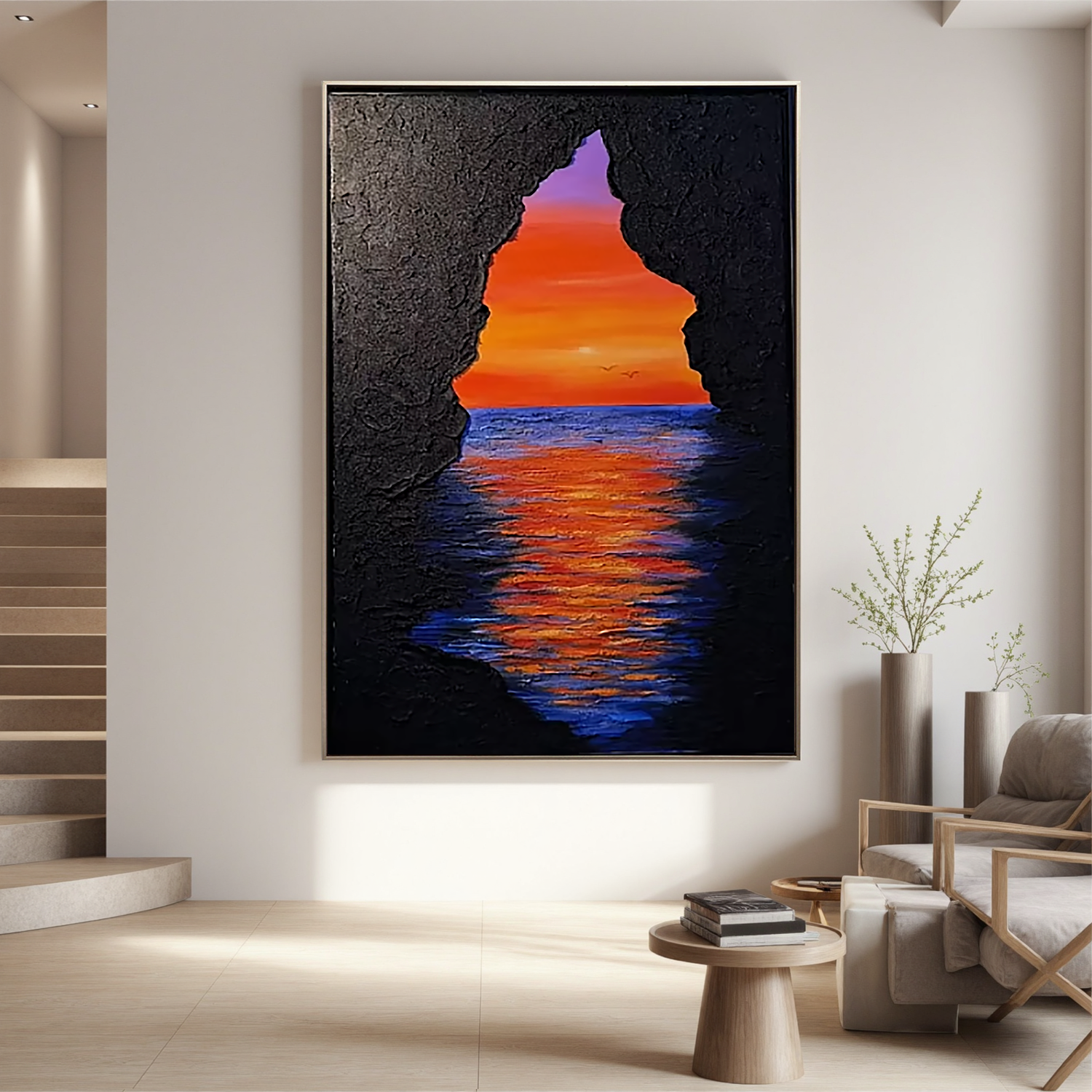Sunset Ocean Cave Oil Painting, Dramatic Seascape Wall Art for Living Room Decor#OA 0597