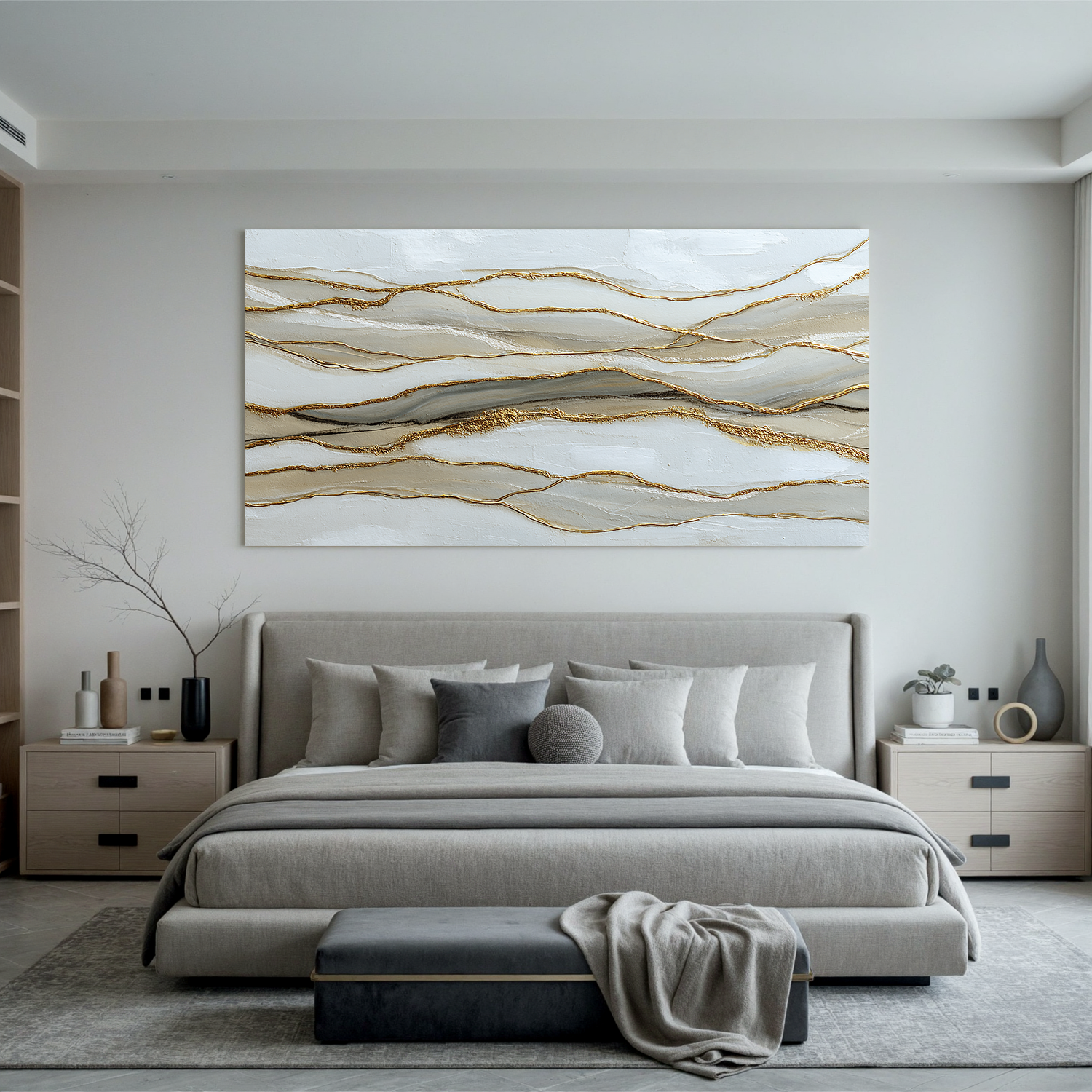 Large Horizontal Abstract Canvas Wall Art – Neutral Beige White and Gold Textured Painting for Modern Living Room Decor#OA 0870