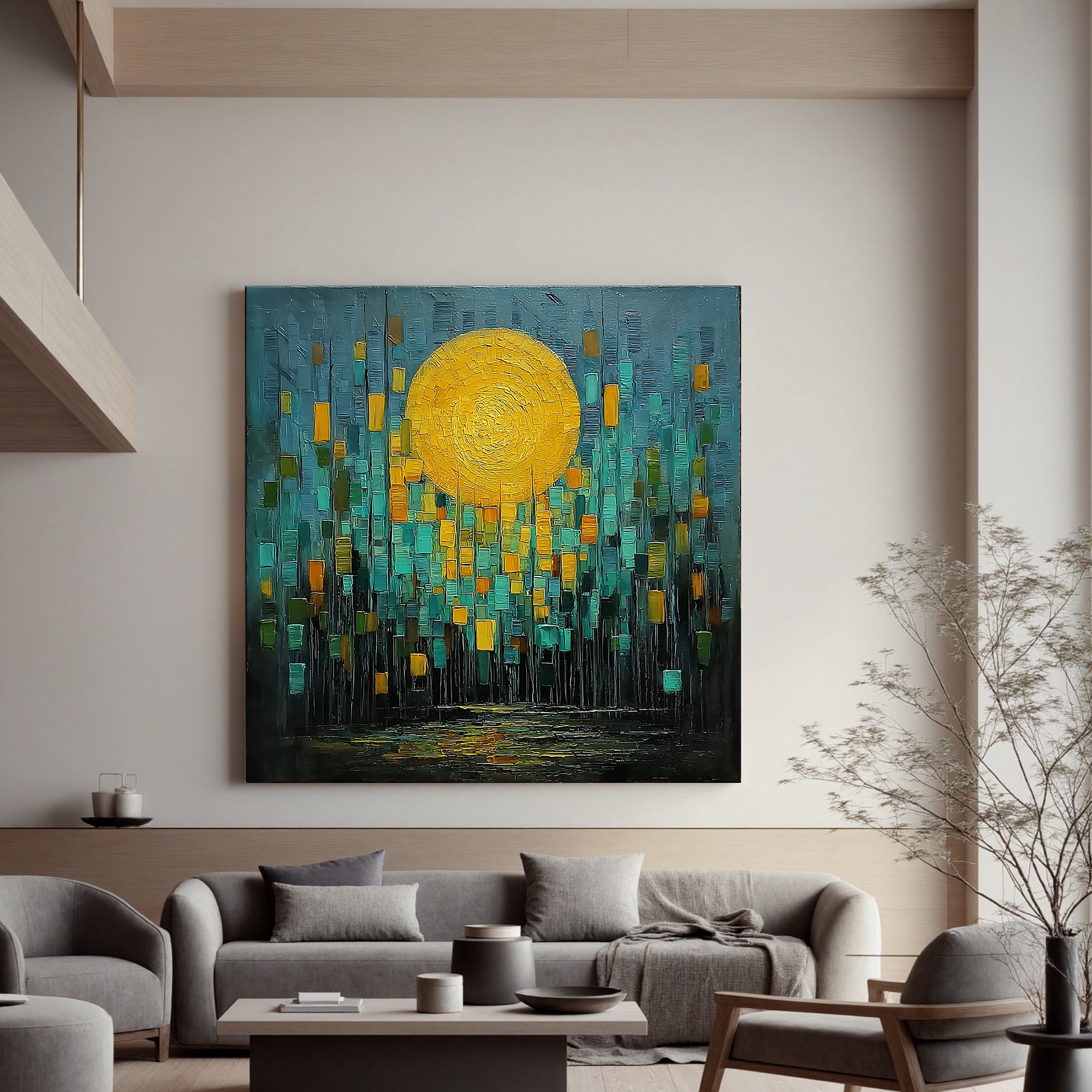 Abstract Golden Moon Oil Painting | Modern Teal & Gold Textured Wall Art for Living Room Decor #OA 0432