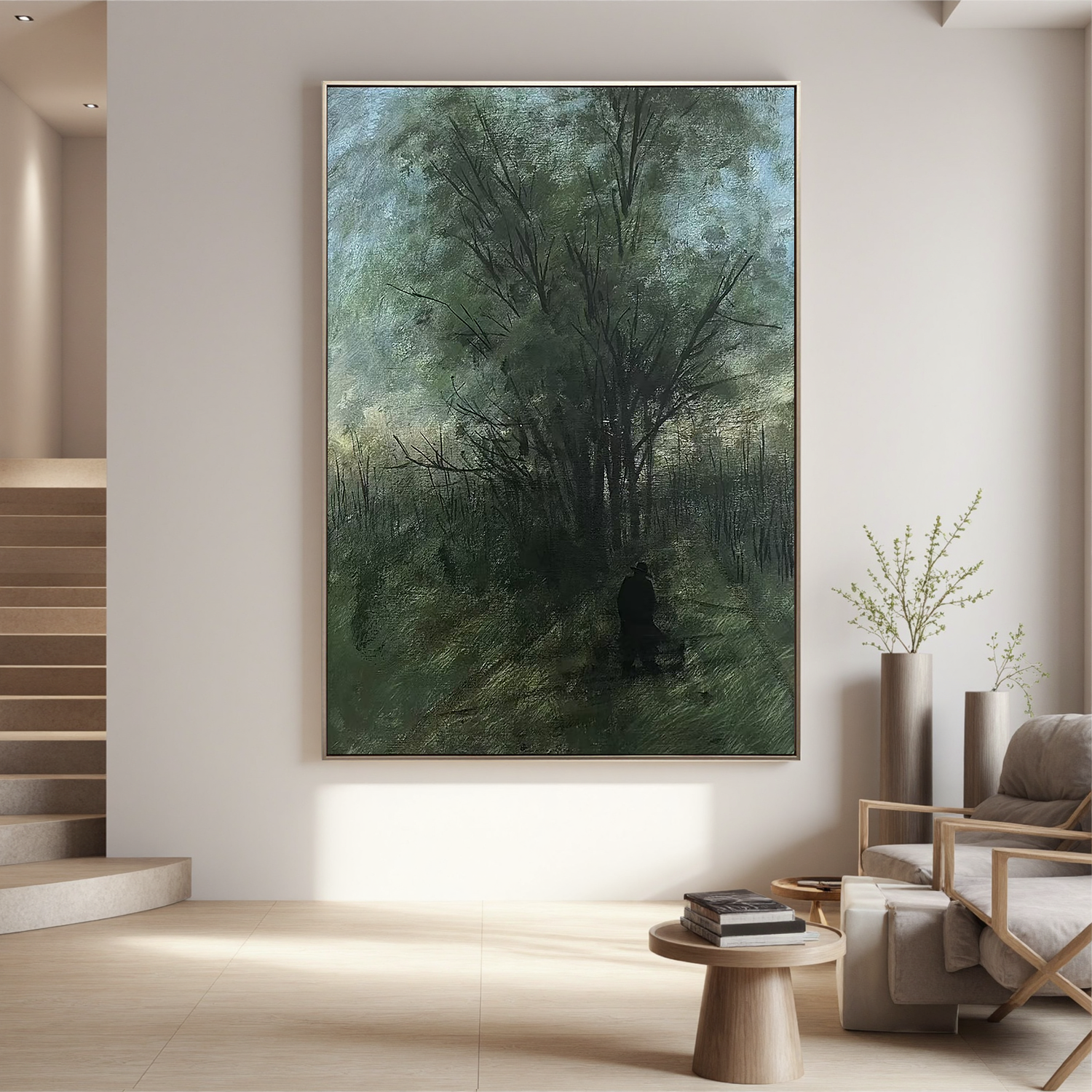 Moody Forest Wall Art with Lone Figure, Misty Woodland Landscape Canvas Painting for Living Room Decor #OA 0776