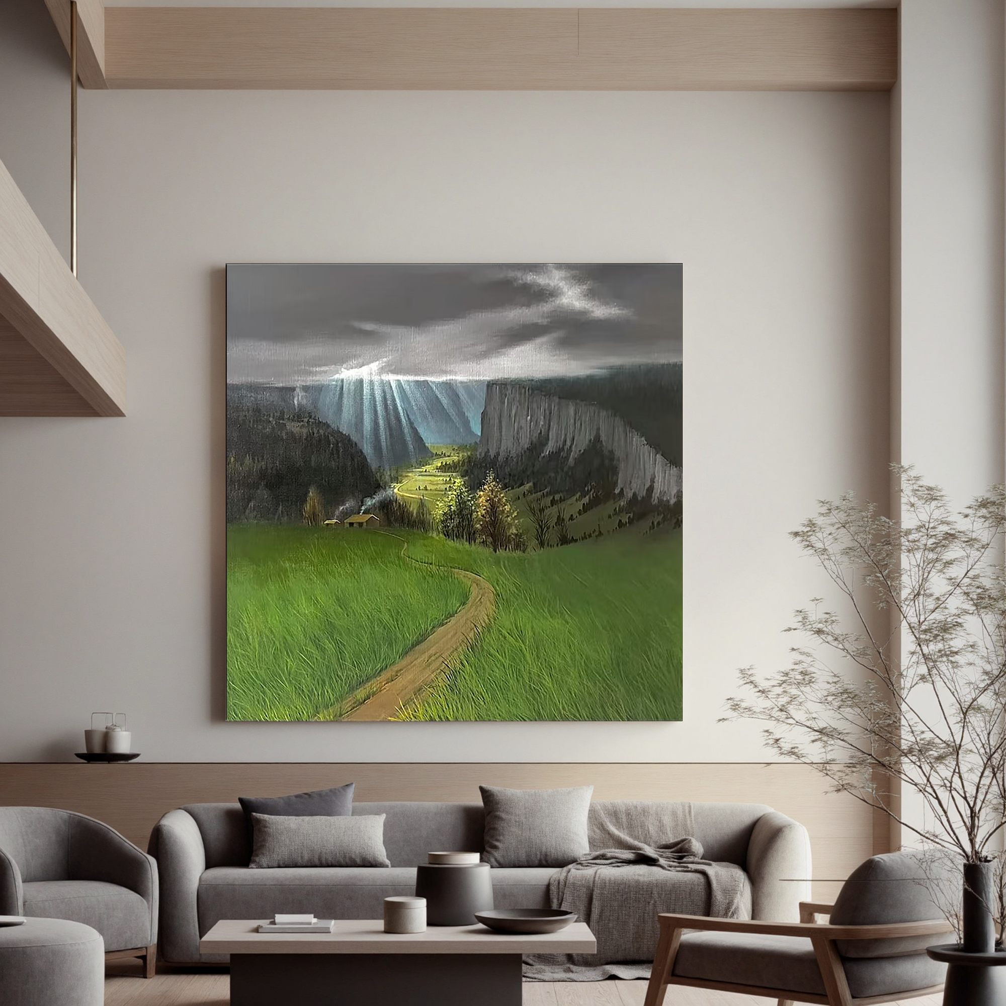 Sunlit Mountain Valley Landscape Wall Art โ Winding Path Countryside Canvas Painting for Living Room Decor #OA 0801