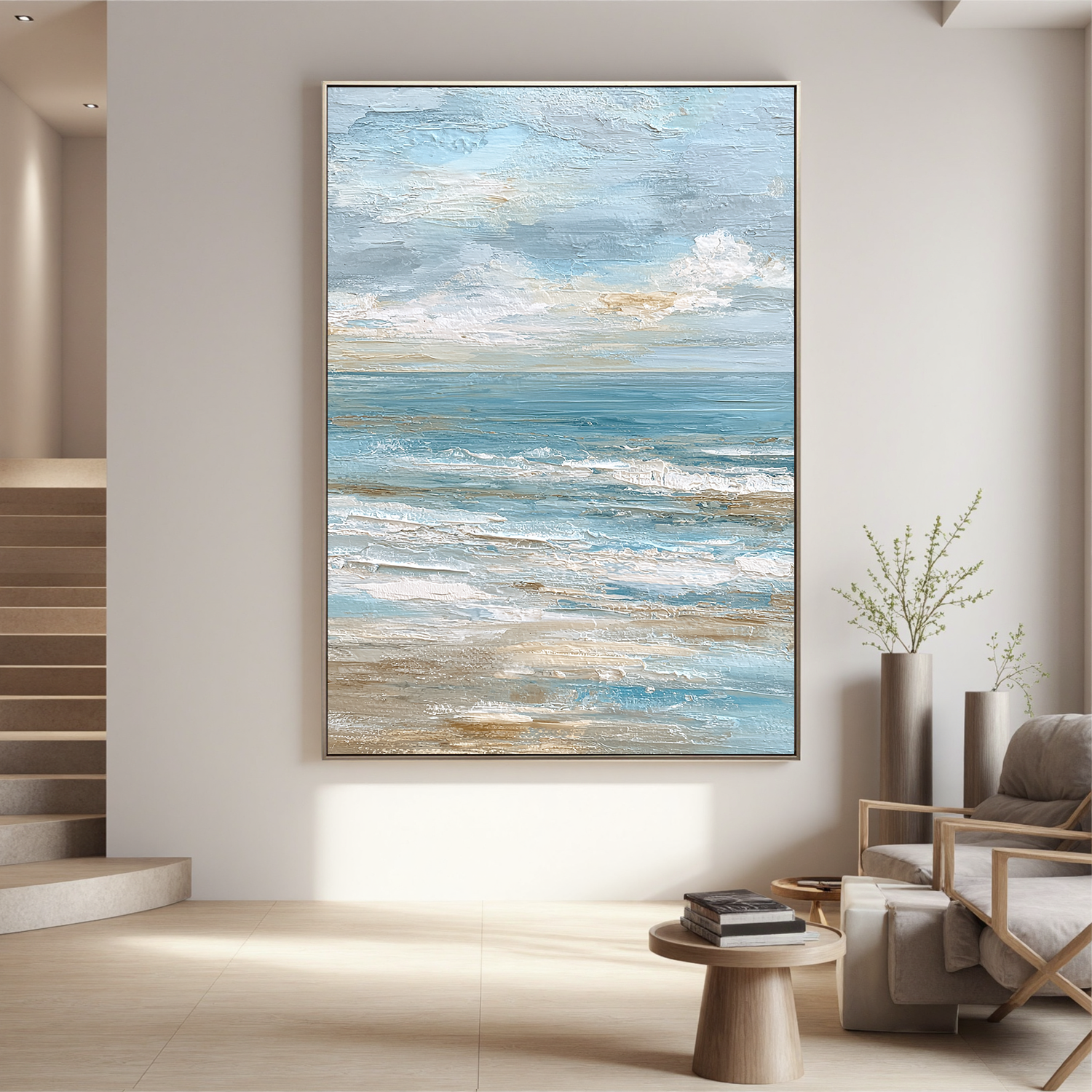 Large Vertical Coastal Seascape Canvas Wall Art – Soft Blue Ocean Waves Painting for Beach House Decor#OA 0841